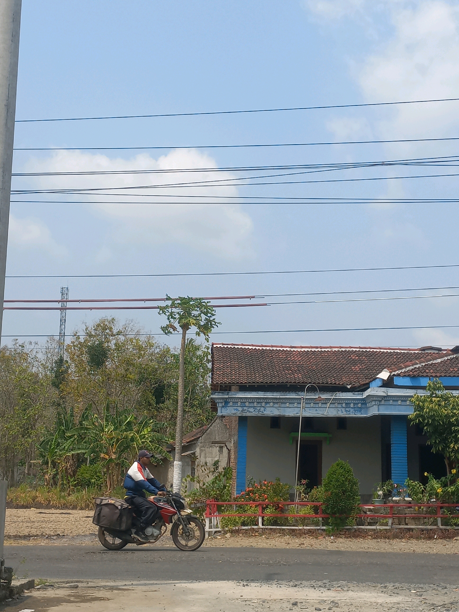 In Baturetno, Indonesia, a man wearing a blue, white, and red jacket and a dark baseball cap is riding a red motorcycle. The motorcycle is equipped with two large, dark brown saddlebags on either side of the rear wheel. The man is positioned on the left side of the paved road, which appears to be in a rural or suburban area. In the background, there is a house with a terracotta tiled roof and light blue trim around the windows and pillars. The house is set back from the road and is surrounded by trees and some low-lying red fencing with ornamental plants. A tall, thin tree with sparse leaves stands to the left of the house. Overhead, multiple power lines stretch across the sky, which is partly cloudy and a bright blue. A distant tower, possibly a cell tower, is visible on the horizon. The overall environment suggests a sunny day in a residential area with vegetation.