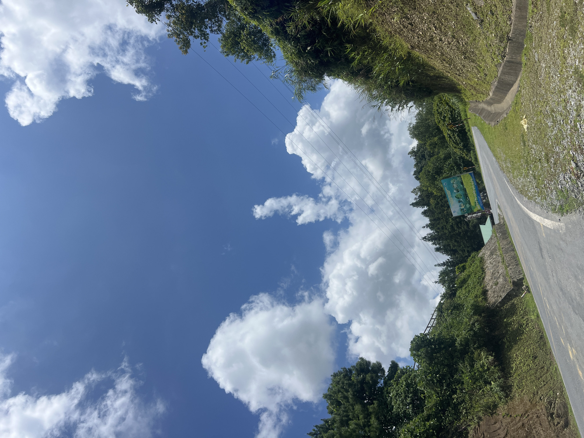 A winding asphalt road curves through a lush, green landscape under a bright blue sky dotted with fluffy white clouds. On the right side of the road, a steep, grassy embankment rises, topped with dense vegetation. On the left side, a lower embankment is covered in green plants and some exposed soil. Tall green trees line the top of the embankment, and beyond them, more trees form a dense forest. A billboard with text and images is visible in the distance, to the left of the road. Power lines stretch across the sky above the trees. The scene appears to be in Quản Bạ Commune, Vietnam.