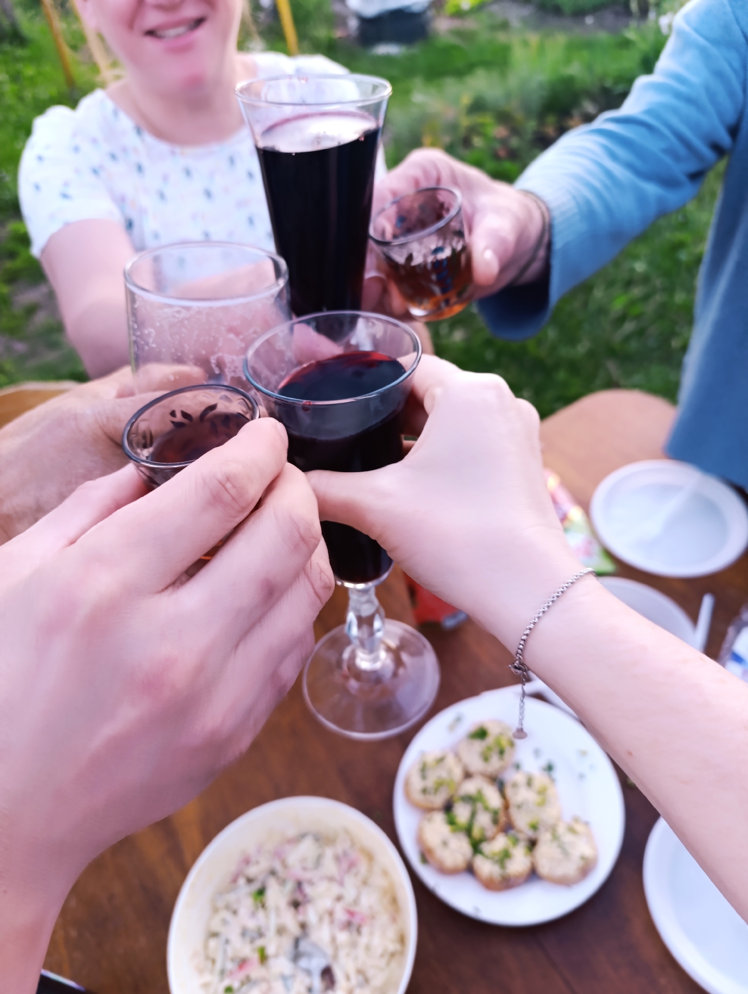 This image captures a high-angle, close-up perspective of an outdoor gathering, likely in a garden or backyard. The location is Unknown, Unknown. Four individuals are present, visible primarily through their hands and upper torsos, engaged in a toast.
In the upper-left, a light-skinned female is partially visible from the nose down, smiling, and wearing a white top with a subtle pattern. She holds a clear glass containing a dark red liquid, consistent with red wine. In the upper-right, a light-skinned individual wearing a blue long-sleeved garment extends an arm, holding a small shot glass with an amber-colored liquid.
In the lower-left, two light-skinned hands are interlocked around a shot glass and another clear glass holding dark red liquid. In the lower-right, a light-skinned arm and hand, adorned with a silver chain bracelet on the wrist, hold a stemmed wine glass also containing dark red liquid.
All glasses are brought together in the center of the frame, indicating a collective toast. The hands and glasses are the primary focus.
The scene takes place around a brown wooden table. On the table, a white plate holds multiple small, round, toasted food items garnished with green herbs. Adjacent to it, a white bowl contains a creamy salad with visible pink and green elements. Two empty white disposable plates are also present on the table. The background features blurred green grass and foliage, confirming an outdoor setting.