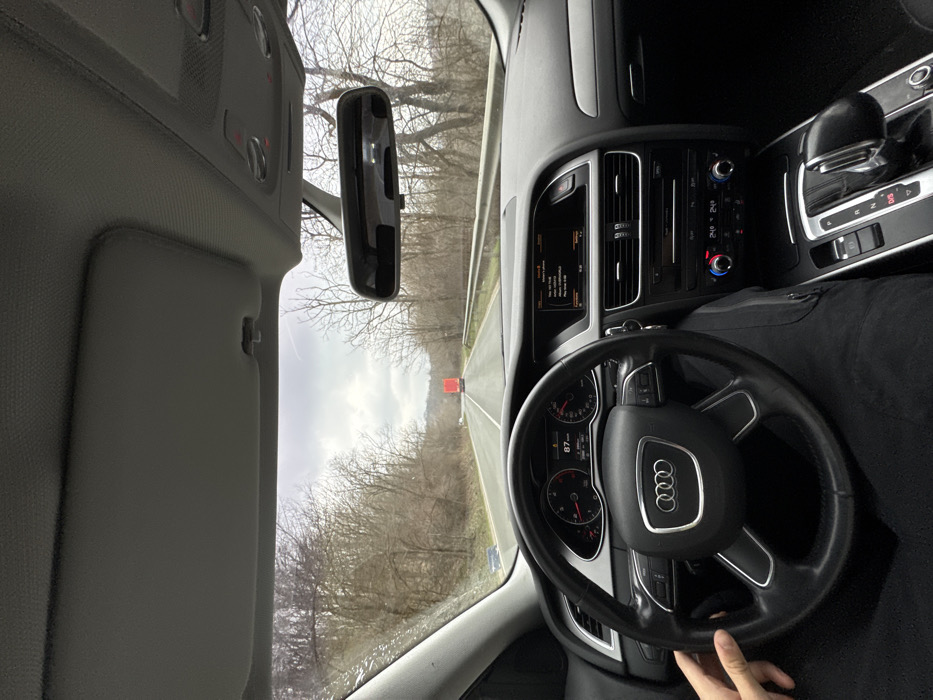 The image presents a forward-facing view from inside an Audi vehicle, specifically from the driver's perspective, on a road located near Dobromirka, Bulgaria. The driver's left hand, clad in a dark garment, is positioned on the left side of the black leather steering wheel, while the driver's leg, wearing dark trousers, is visible below. The vehicle's instrument cluster indicates a speed of 87 km/h. The central infotainment screen displays text, and the climate control unit beneath it shows a temperature setting of 24.0 degrees Celsius for both zones. The automatic gear selector is engaged in the 'D/S' mode.
Outside the vehicle, a two-lane asphalt road stretches into the distance, bordered by metal guardrails on both sides. The surrounding environment consists of dense, bare deciduous trees covering hilly terrain, suggesting a late autumn, winter, or early spring season. A prominent red semi-truck is visible in the far distance ahead on the same lane, with another smaller, lighter vehicle positioned further beyond it. The sky is overcast with a uniform grey cloud cover.