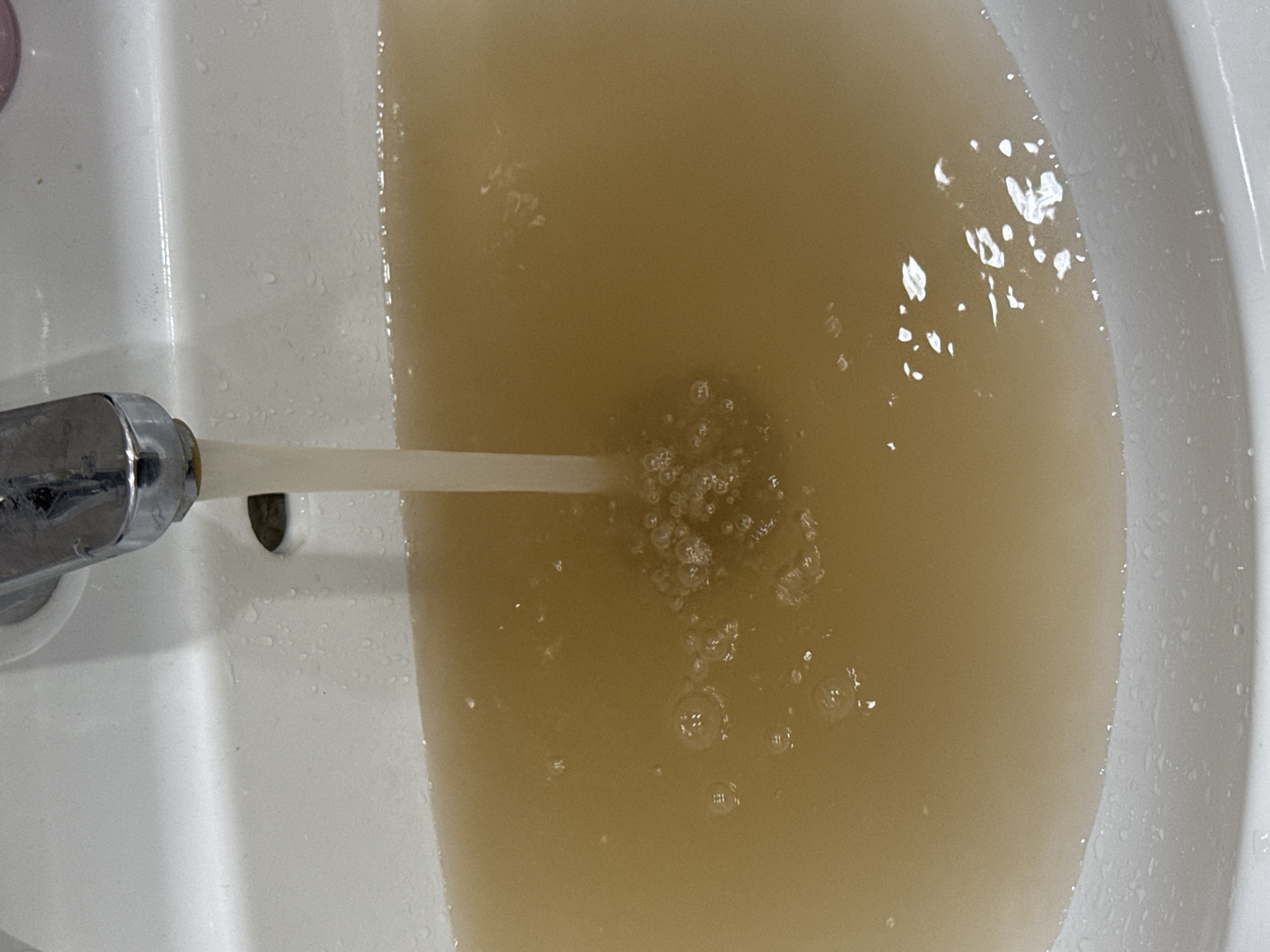 A faucet is running into a white porcelain sink. The water in the sink is discolored and brown. Bubbles are present where the water stream impacts the existing water. There are water droplets on the sink's surface. The location of the photo is not visible in the photo.