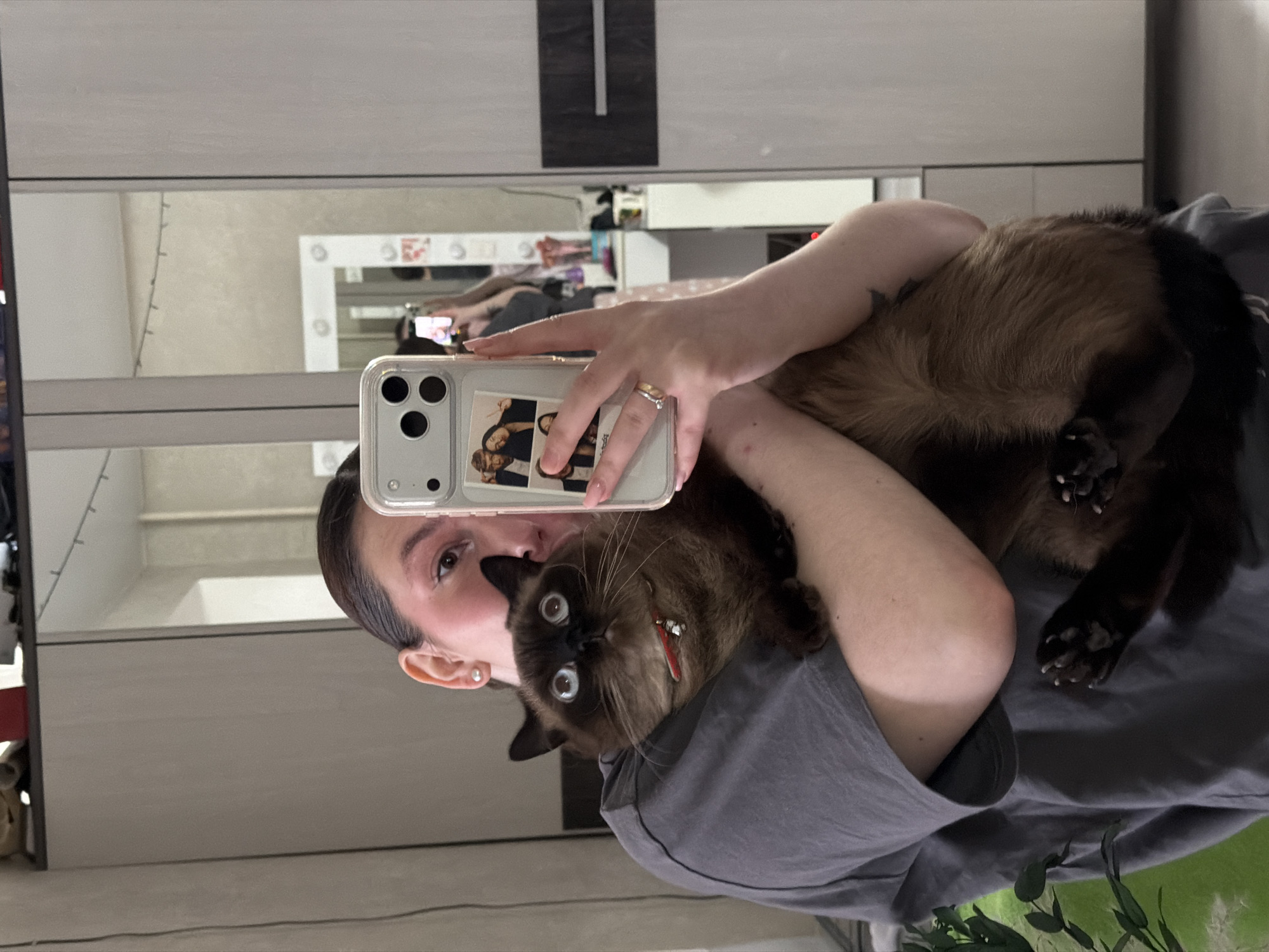 A person is taking a selfie in a mirror, cradling a cat in their arms. The person has short, dark hair, an earring, and is wearing a gray t-shirt. The cat is a Siamese mix with dark brown fur on its ears, face, paws, and tail, and lighter brown fur on its body. The cat has wide, expressive eyes and a red collar with a bell. The person is holding a smartphone with a clear case, and a small photograph is visible under the case. The reflection in the mirror shows the person taking the photo and the cat, as well as a vanity mirror with lights. The environment is an interior space, possibly a bedroom or dressing area. The image does not provide enough detail to determine the specific location within Chaikovsky, Russia.