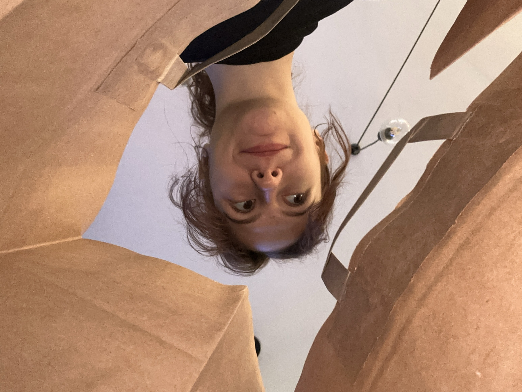 A woman is looking down into two brown paper bags. The woman has brown hair pulled back from her face, and she is wearing a black top. In the background is a white ceiling with a light fixture. The location of the scene is not discernible from the image.