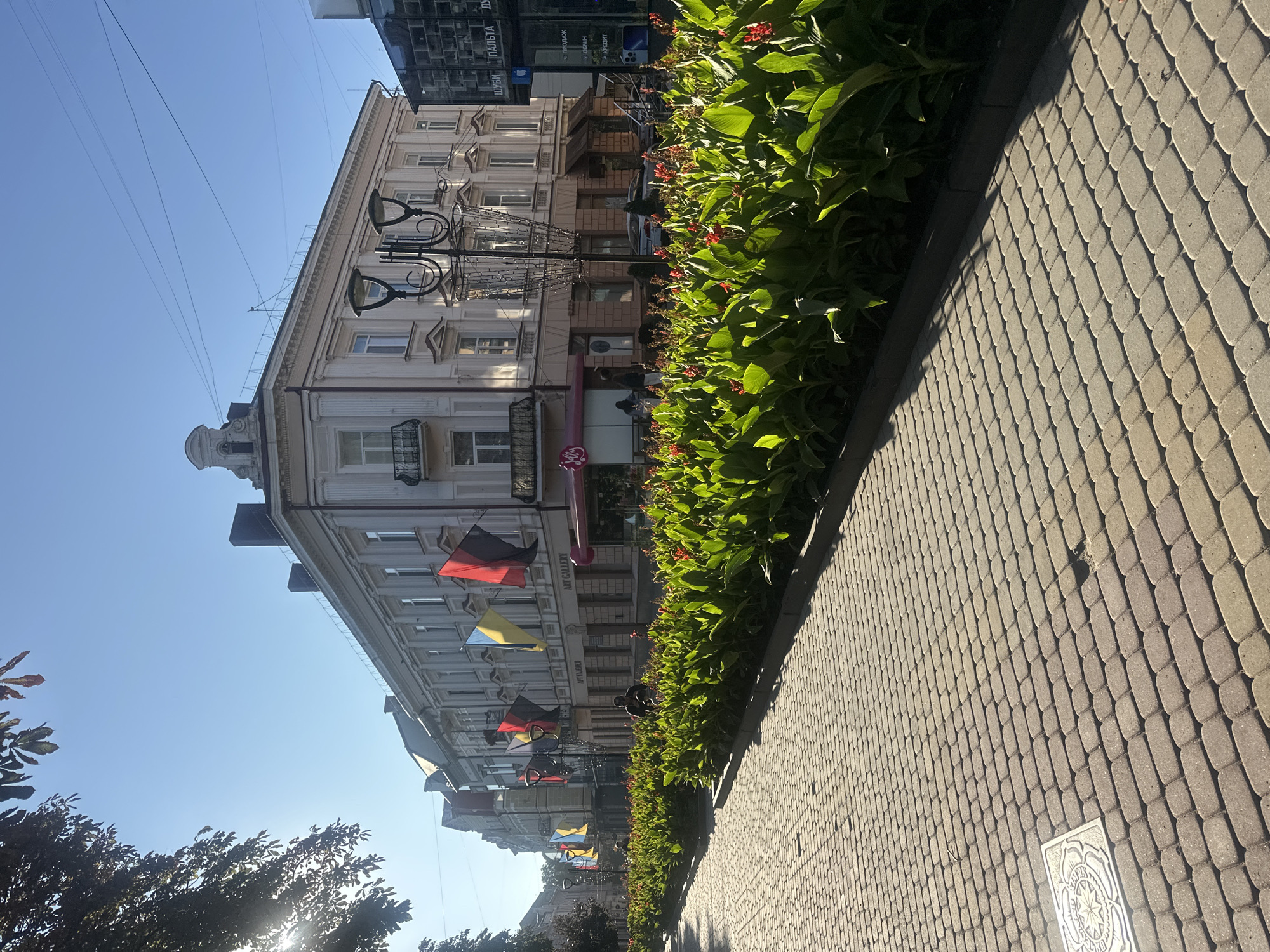 The image depicts a sunny street scene in Ternopil, Ukraine, likely on a daytime. In the foreground, a pedestrian walkway is paved with tan and grey cobblestones. A decorative manhole cover is visible on the left side of the cobblestone path. Adjacent to the walkway is a raised flower bed filled with lush green foliage and scattered red flowers, possibly canna lilies. Beyond the flower bed, a street lined with buildings runs parallel. Several flags are displayed on poles in front of the buildings, including the Ukrainian flag (blue and yellow) and other flags in red, black, and yellow. One building on the right appears to be a modern structure with a dark facade and signs in Cyrillic. The building on the left is older, with a light-colored facade, arched windows, and classical architectural details. A street lamp with decorative lights stands in the middle ground. A few people are visible in the distance, walking on the sidewalk and near the buildings. The sky is clear and blue, with sunlight casting shadows across the scene.