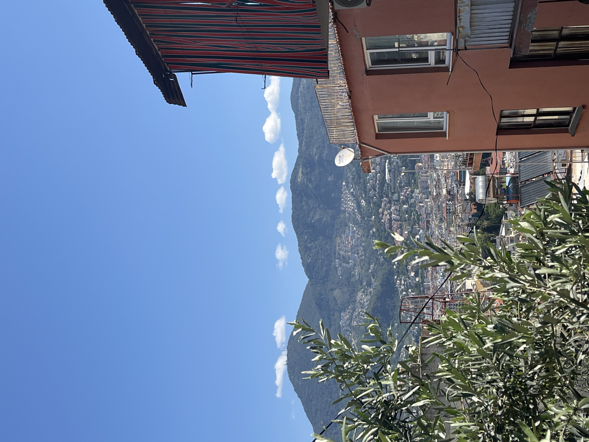 The image shows a cityscape of Alanya, Turkey, framed by a building and foliage. The building, with a red-orange facade, features several windows, a satellite dish, and a striped awning. A mountain rises in the background, partially obscured by clouds. The sky is clear and blue. A tree with green leaves occupies the lower right corner. The cityscape appears densely built, with many structures visible.