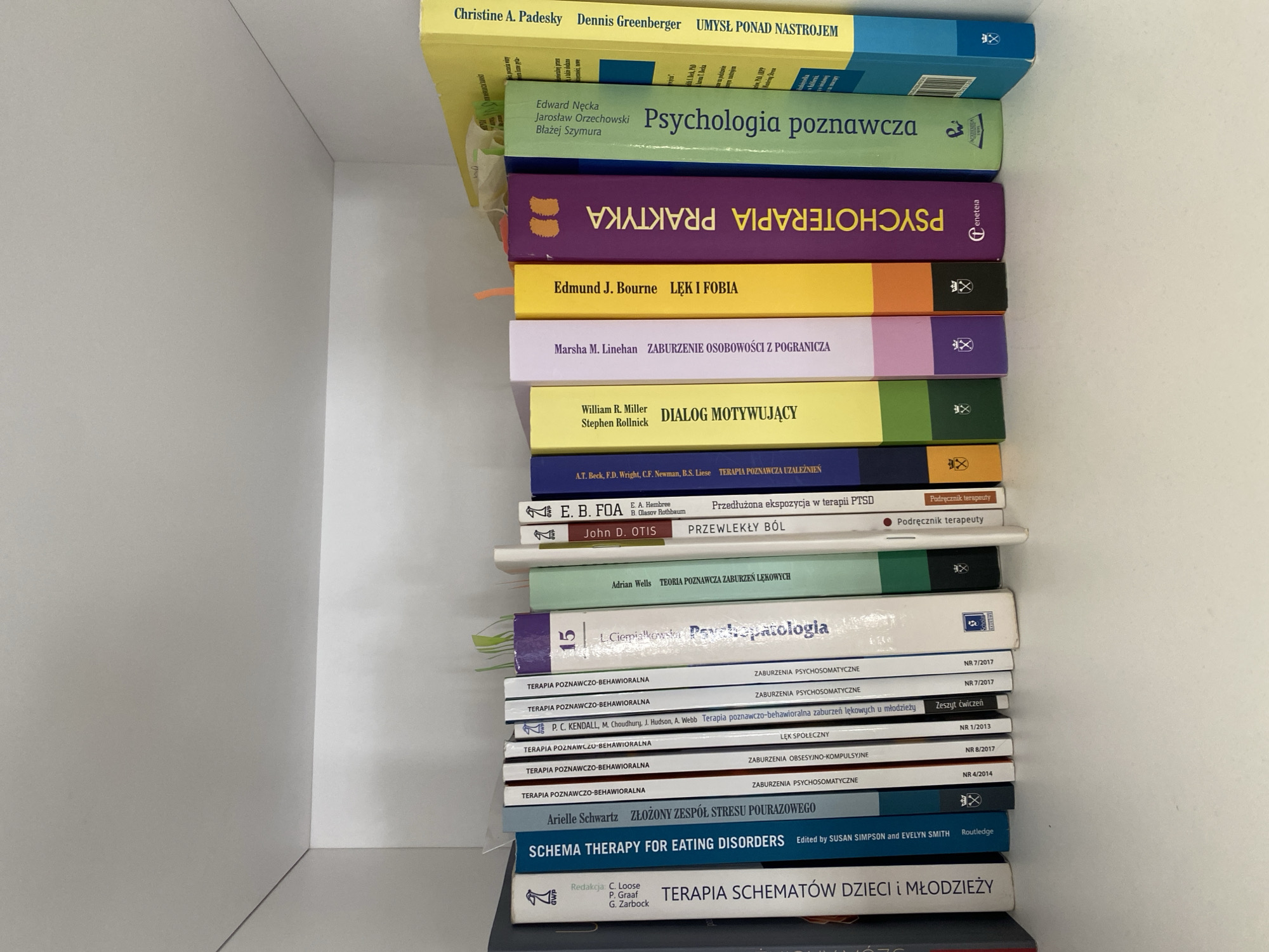 The image shows a close-up view of a bookshelf filled with books. The books are arranged in a row, with their spines facing outwards. The spines display various titles and authors, with some text in Polish. The bookshelf appears to be made of a light-colored material, possibly wood or laminate, and it is set against a white background, likely a wall. The lighting suggests an indoor environment, possibly a home or an office. The arrangement is orderly, indicating that the books are being stored or displayed. No people are visible in the image. The location of this bookshelf is in the city of Buk, Poland, specifically within a building.