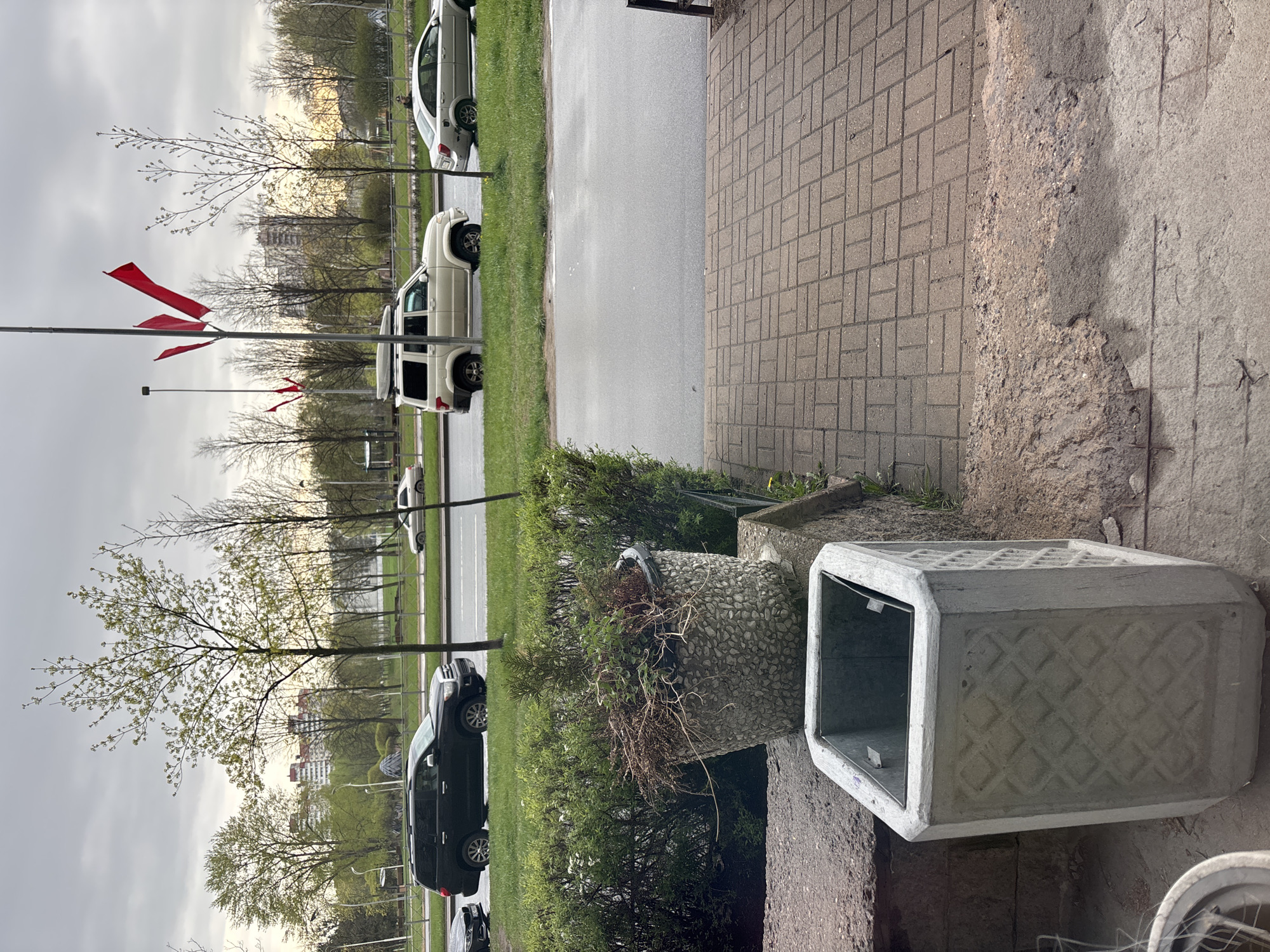 The image shows a street scene in Vsevolozhsk, Russia, on an overcast day. The foreground contains a large, rectangular concrete container or planter and a round, stone planter filled with greenery and dry foliage. To the left of the planters, a road runs parallel to the camera. Several cars are parked along the grassy verge beside the road, including a black SUV, a white SUV, and a silver car. A lamppost with red flags attached is visible further down the road. In the background, bare trees line the street, and buildings are partially obscured by the foliage. The ground closest to the viewer is concrete, and a brick-paved area is also visible. The overall impression is of a quiet, urban environment on a cloudy day.