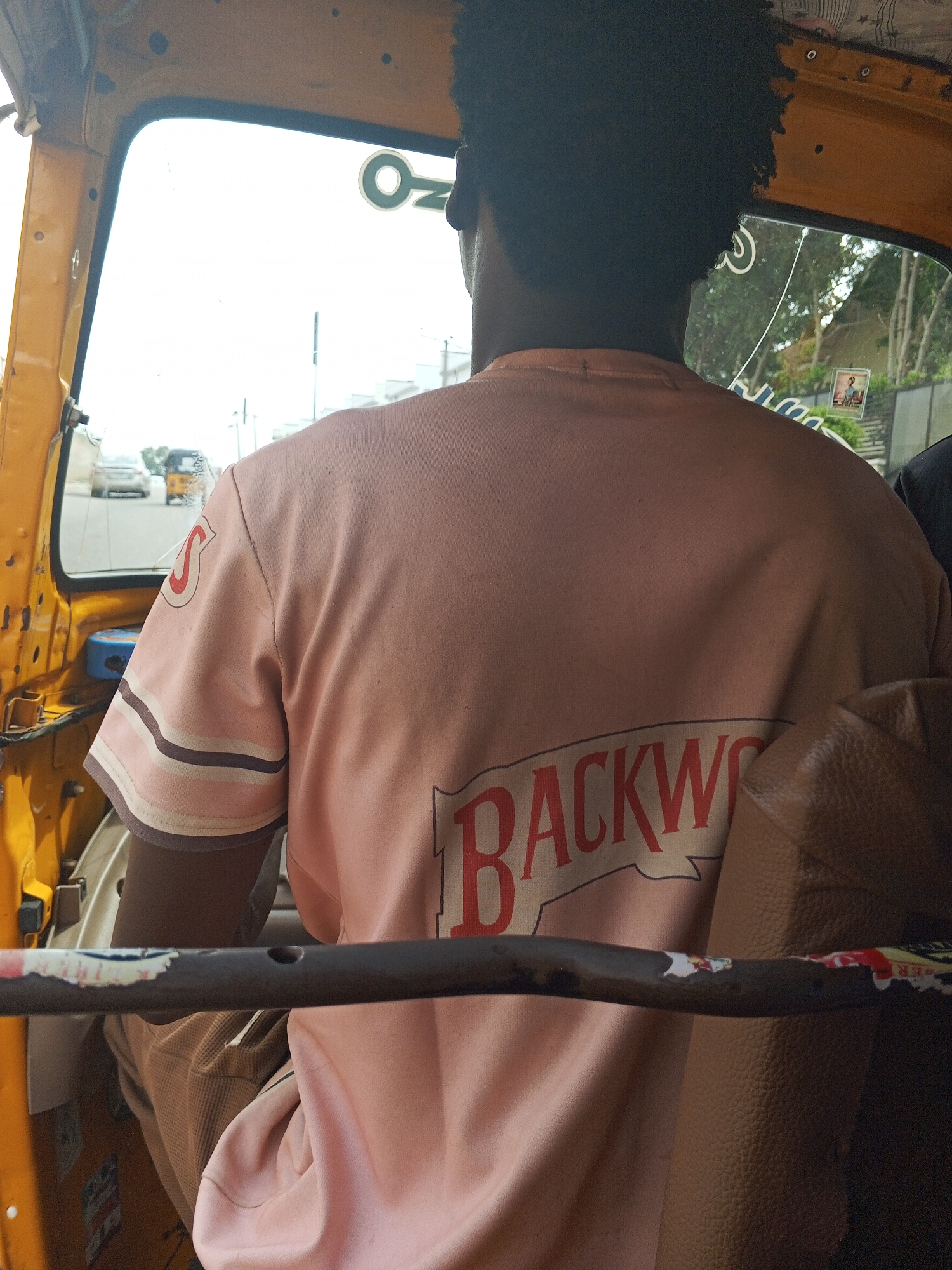 A man is viewed from behind, wearing a pink t-shirt with "BACKWOODS" printed on the back, inside a yellow vehicle in Abuja, Nigeria. Another vehicle is visible through the front window, and greenery is visible through a side window.