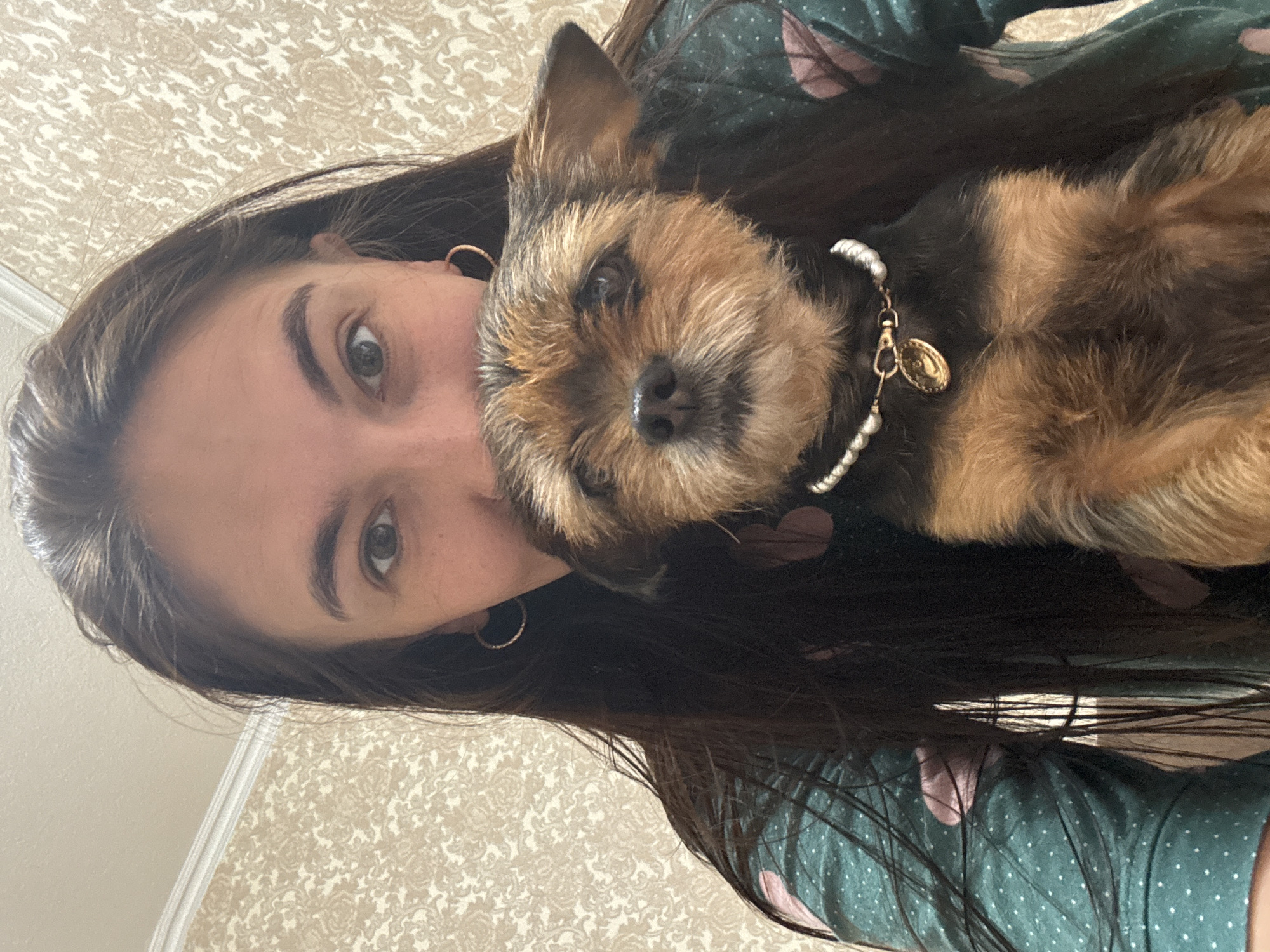 A woman with long dark hair is holding a small, brown and black terrier dog. The woman is wearing a green dress with pink and white polka dots. She has small gold hoop earrings. The dog is wearing a white pearl necklace with a gold pendant. The background appears to be a light-colored patterned wall. The location in the city of Sochi, Russia, is unknown.