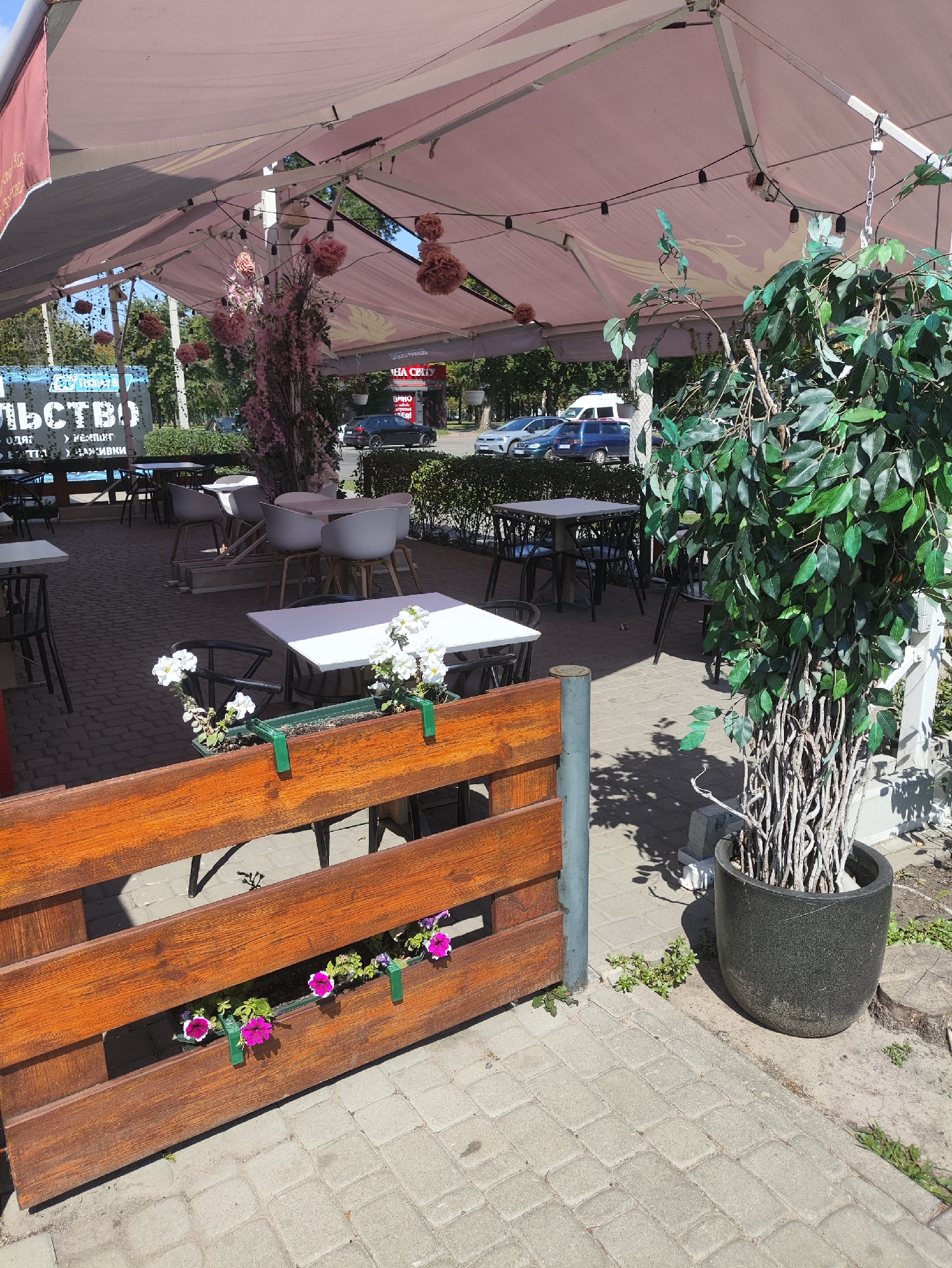 The image shows an outdoor seating area of a cafe or restaurant, likely located in Kharkiv, Ukraine, under a large, pink awning. Tables and chairs are set up on a paved patio. In the foreground, there is a wooden fence with planters containing pink and white flowers. A large potted artificial plant with a twisted trunk stands to the right of the fence. In the background, cars are visible on a street, and there is greenery from trees and bushes. The overall scene depicts a pleasant outdoor dining environment on a sunny day.