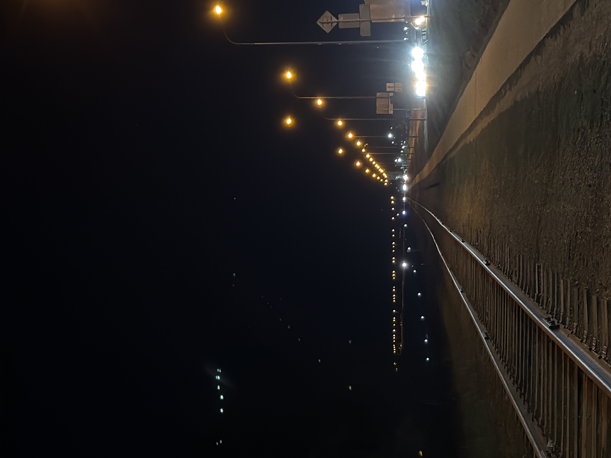 At night in Chaikovsky, Russia, a long row of streetlights illuminates a pathway alongside what appears to be a bridge or elevated walkway. The path has a railing, and beyond the walkway is a dark, likely watery, expanse. The lights reflect off the water, creating a parallel, fainter line of light. Signage can be seen on the posts of the streetlights. The scene is largely devoid of human activity.