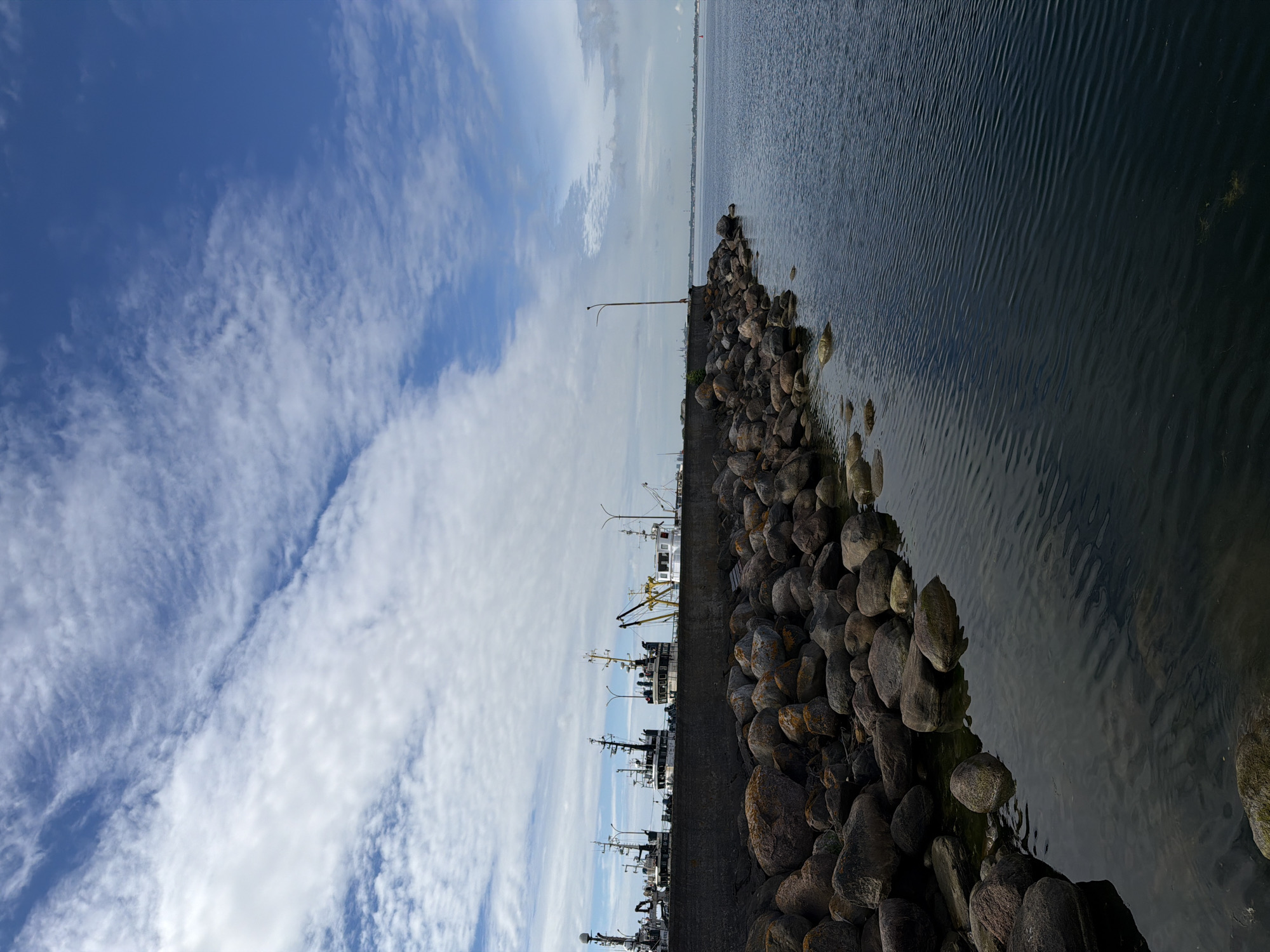 The image depicts a harbor scene in Viimsi, Estonia, under a partly cloudy sky. In the foreground, a rugged stone breakwater lines the edge of a calm, dark blue body of water. The water shows gentle ripples, reflecting the sky. Behind the breakwater, several boats and ships are docked, displaying various superstructures, masts, and cranes. Some of these vessels appear to be fishing trawlers or similar working boats. A single lamppost stands on the breakwater, casting a faint shadow. In the distance, the shoreline is visible with structures and possibly other urban elements, suggesting a developed coastal area. The overall atmosphere is serene and industrial, typical of a working port. There are no people visible in the frame.