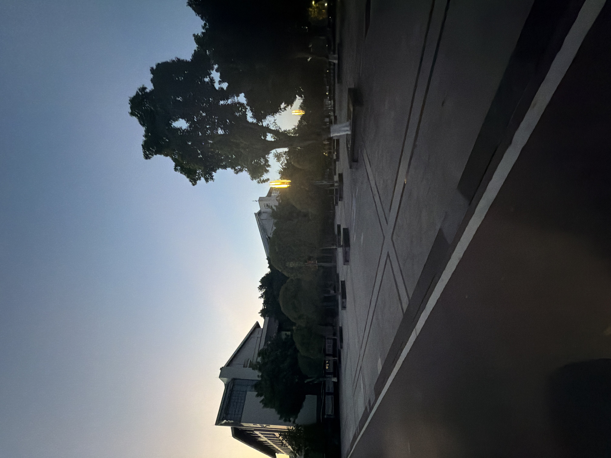 The image captures an outdoor scene at dusk, possibly in the city of Jiangjin, China, given the context provided. The sky is a gradient of soft blue and yellow, indicating the transition from day to night. In the background, a modern building with a light-colored facade and a sloping roof is visible, surrounded by dark green trees. The foreground features a paved courtyard area with a geometric pattern of light-colored lines forming squares. Several rectangular planters are placed on the ground, some with young trees. Tall trees with dark foliage dominate the mid-ground and right side of the image. Two vertical streetlights with glowing yellow light are positioned in the courtyard, illuminating the area. A dark paved pathway with a white line runs along the left edge of the frame, suggesting a road or walkway. The overall atmosphere is serene and slightly dim, with the lighting from the streetlights providing a focal point in the twilight. There are no people visible in the frame.