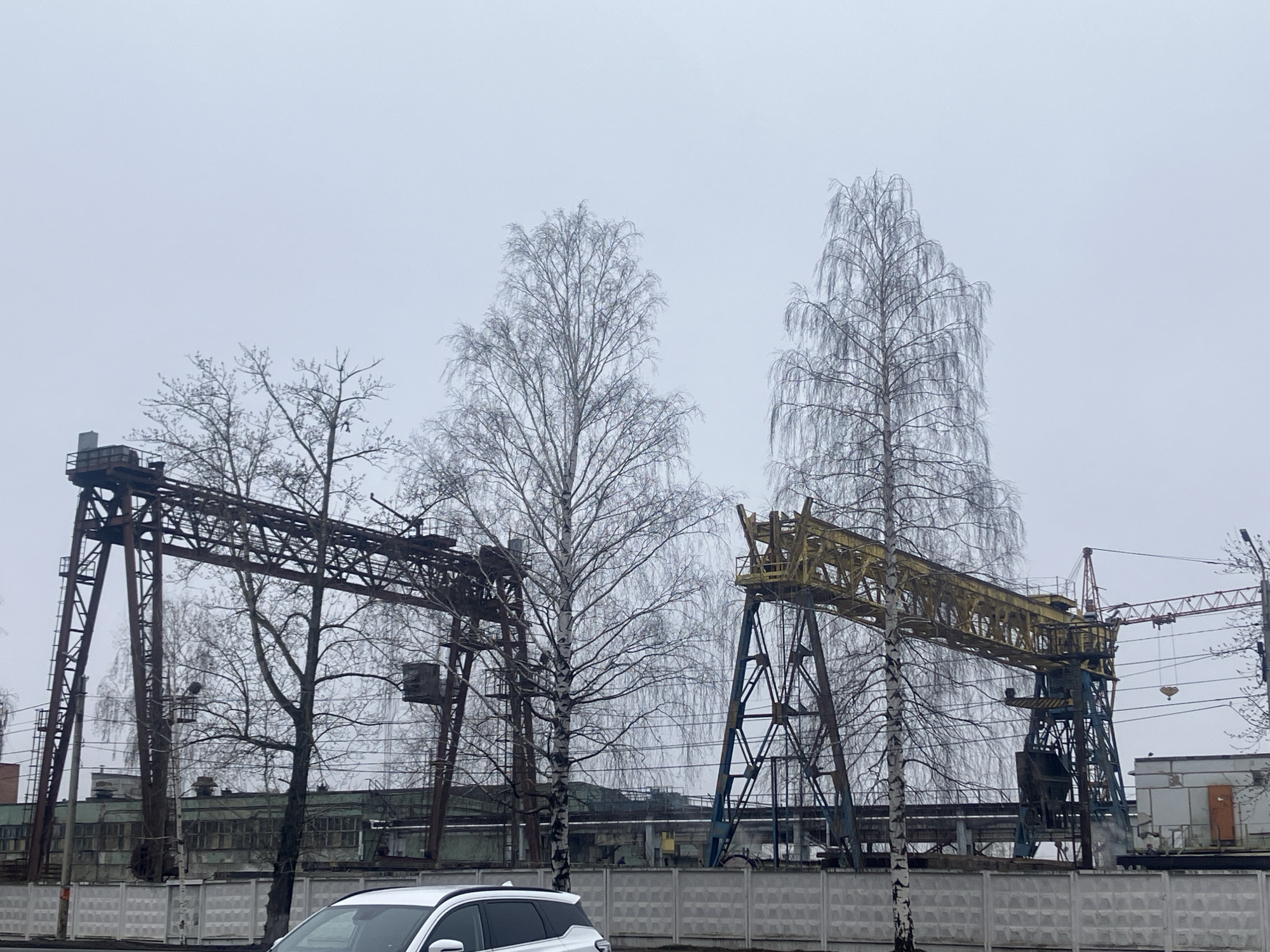 The image shows an industrial landscape, likely in the city of Chaikovsky, Russia. Two large overhead cranes dominate the scene, with bare trees interspersed between them. The crane on the left is brown with rust, while the crane on the right is yellow with blue supports. Buildings, likely industrial structures, are visible behind a fence. A white car is parked in the foreground. The sky is overcast, suggesting a cold or dull day. The bare trees suggest a late fall or winter setting. A tower crane is seen on the right.