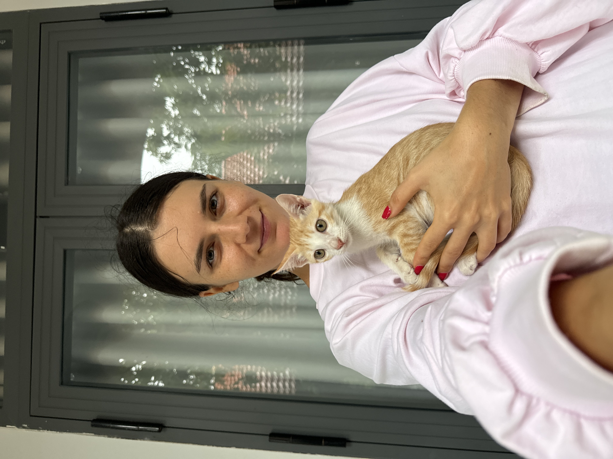 A young woman with dark hair and light brown eyes, wearing a pink sweatshirt, holds an orange and white kitten. She is smiling and looking directly at the camera. The woman and kitten are positioned in front of a large grey window with sheer white curtains visible behind the glass. The background suggests an outdoor setting, with greenery and foliage visible through the window. The overall scene appears to be a selfie taken in a residential setting in Mũi Né, Vietnam.