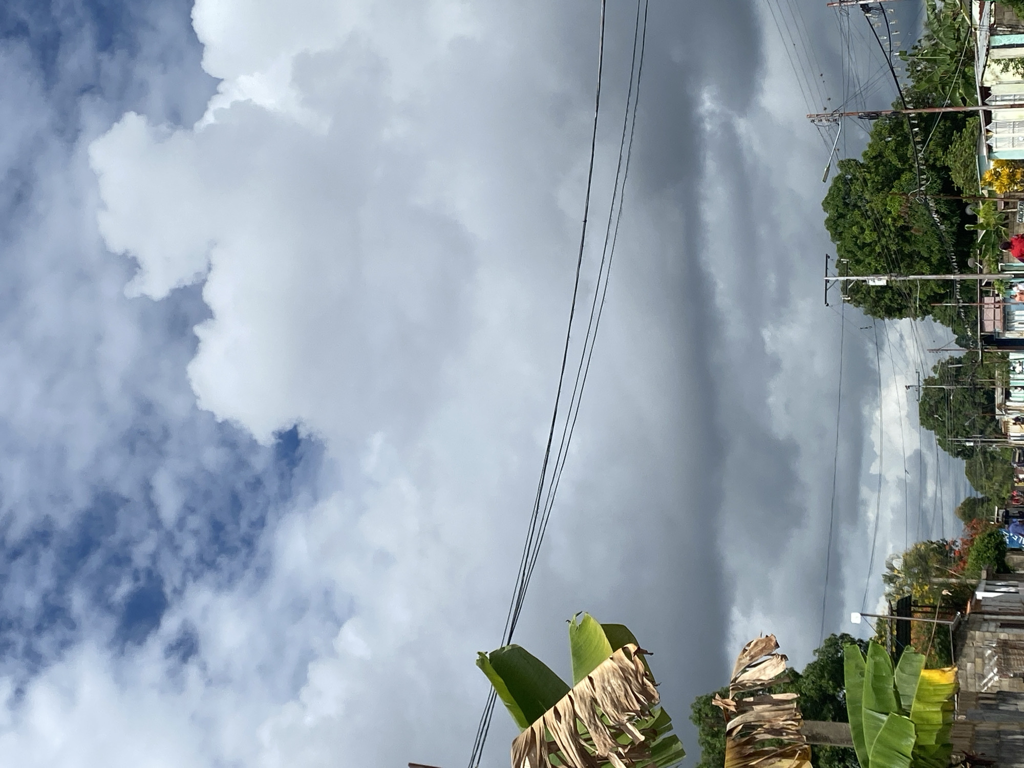 The image depicts a sky in Tinaquillo, Venezuela. The sky is partially covered by cumulus clouds. Some portions are bright blue, while others are filled with dark gray clouds. Electrical wires extend across the sky. In the foreground, there are banana tree leaves. In the background, there is a street with houses and trees. Electrical poles are also visible.