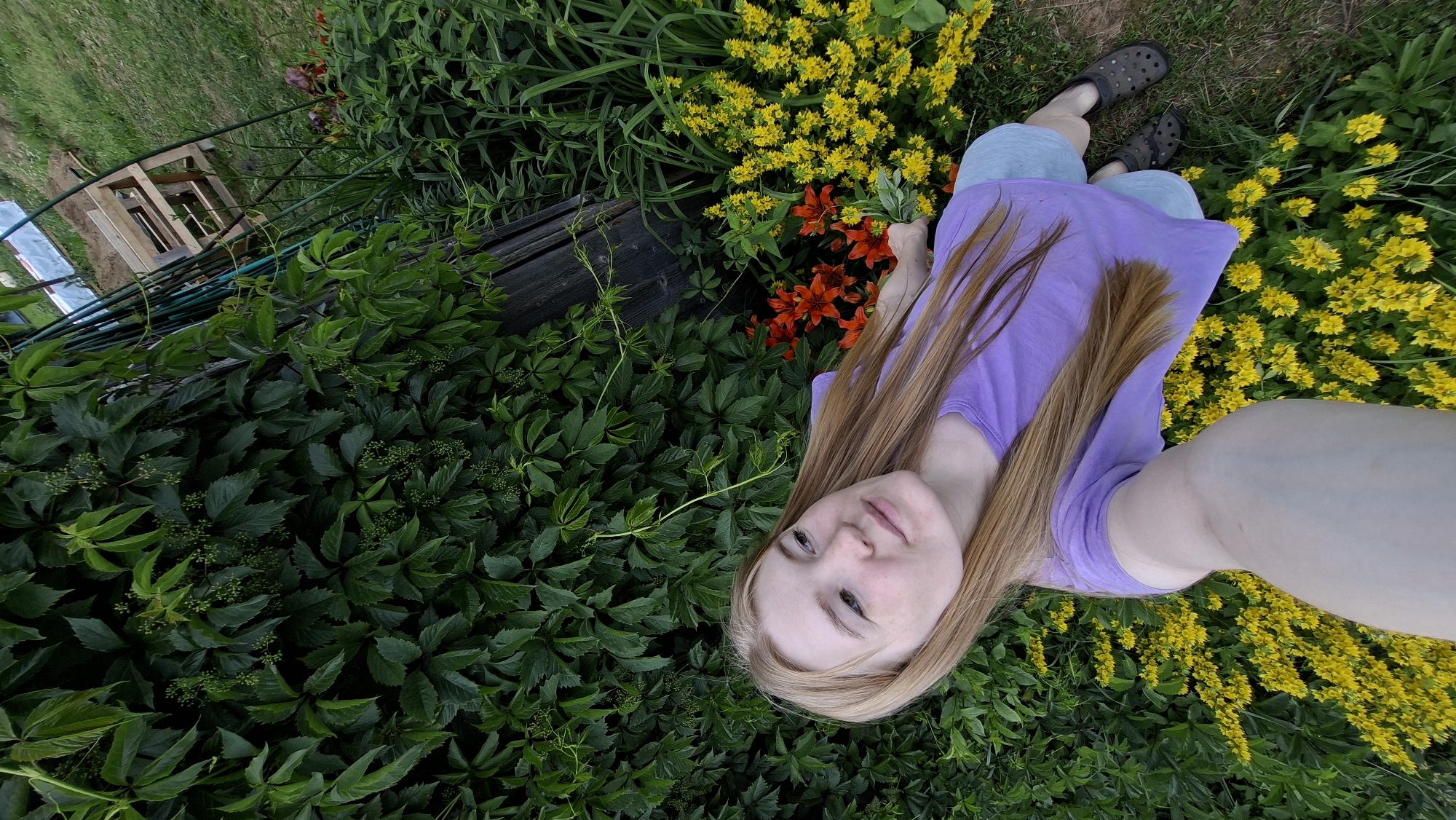 A young woman with long, blonde hair is lying down in a garden. She is wearing a purple t-shirt and light blue shorts, with black clogs on her feet. Her face is turned towards the camera, and she has a gentle smile.
The garden setting is lush and green, with a variety of plants. In the background, there are clusters of bright yellow flowers and some vibrant orange lilies. A wooden structure, possibly a part of a garden bed or a small shelter, is visible to the left, along with some green garden stakes and tubing. The ground is covered with grass and dense green foliage.
The image appears to be taken during the daytime, with natural lighting. The overall mood is relaxed and peaceful, with the woman seemingly enjoying the natural surroundings. The location is identified as Bolshoy Bukor, Russia. There is no visible text in the image.
