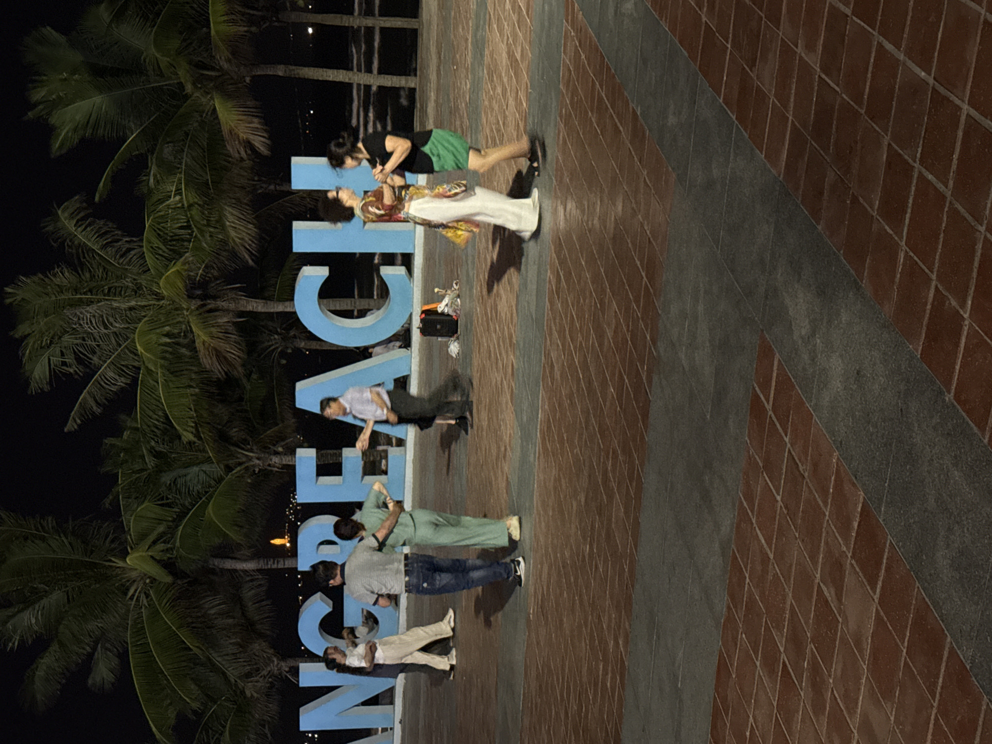 The image captures a group of people posing with large blue letters that spell out "DA NANG BEACH" in Đà Nẵng, Vietnam. Several palm trees are in the foreground and the background is at night. There are five people in the image: two women at the top, a man above two others, and a couple at the bottom of the letters. The surface surrounding the letters is brick.
