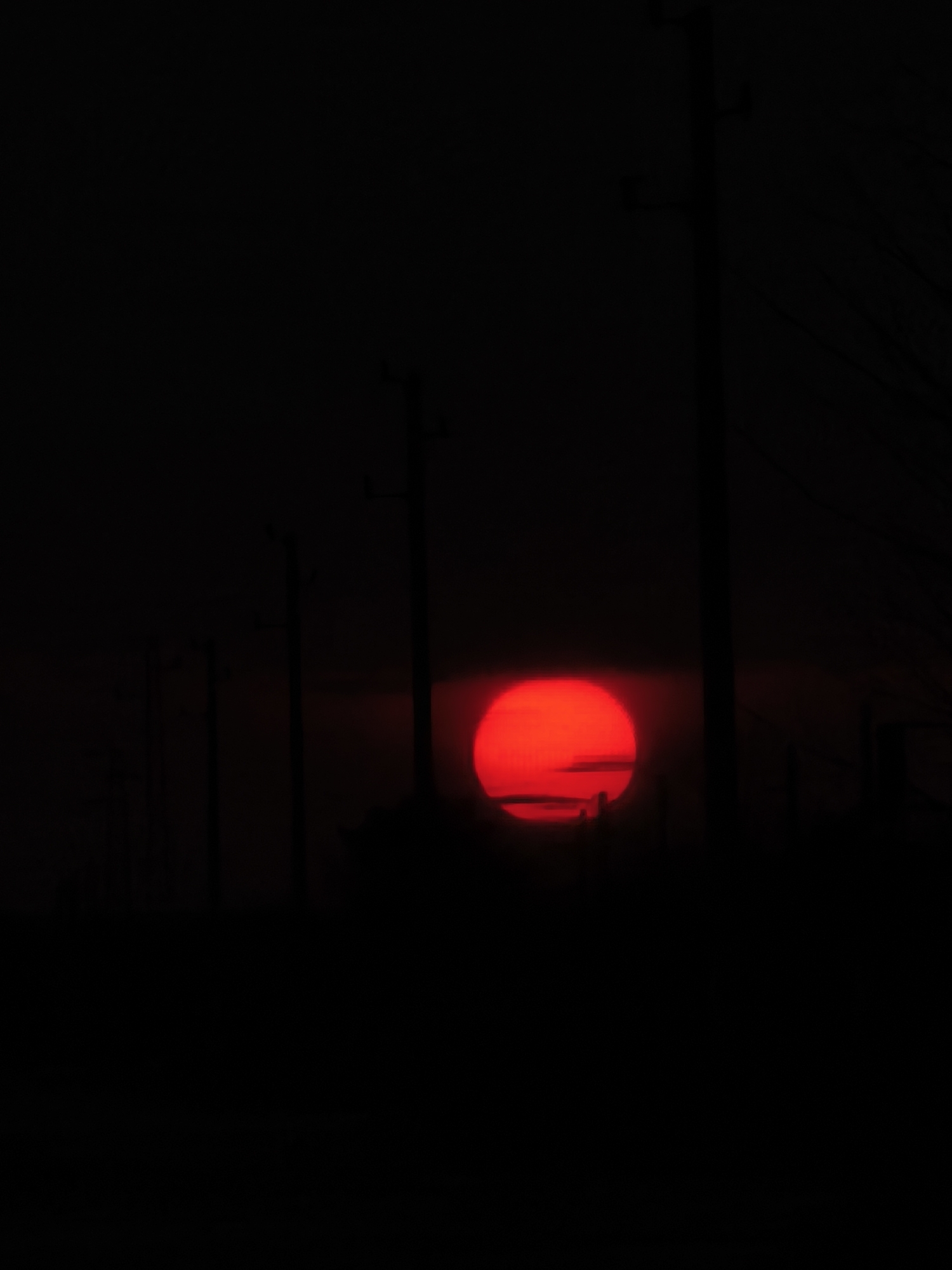 The image depicts an outdoor scene in Slavyanovo, Bulgaria, characterized by extreme low light. A large, circular celestial body, intensely red and consistent with the sun, is prominently positioned in the middle-right section of the frame, appearing low on the horizon. This red disc exhibits subtle horizontal striations, indicative of clouds or atmospheric layers. Multiple dark, slender, vertical structures, identifiable as utility poles, are silhouetted against the near-black sky, with several appearing in the left half of the image and one partially obscuring the red celestial body on the right. The overall environment is predominantly dark, with the vibrant red orb being the sole significant light source. No people, specific actions, or interactions are discernible.