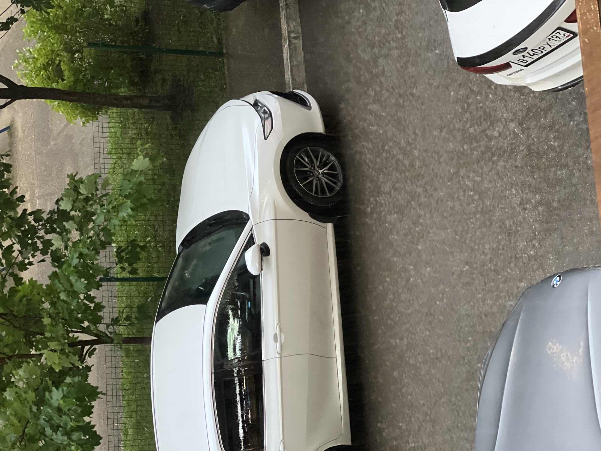 The image shows a street scene in what appears to be a residential area in Krasnodar, Russia, based on the vehicle license plate visible. Two white cars and one grey car are parked on asphalt. The vehicles are near a curb and a small fenced grassy area. A tree partially obscures the white car. A Russian license plate, B 140 PX 193, is visible on the back of one white car.