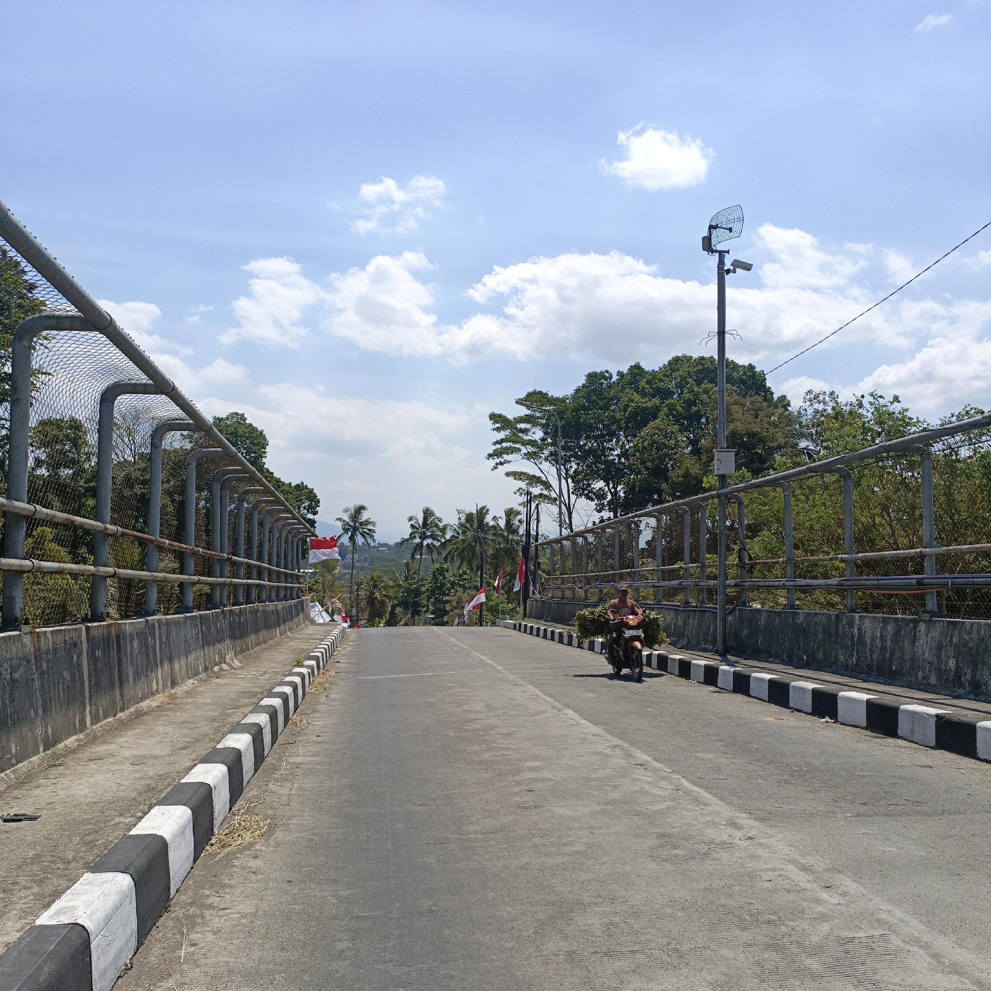 The image depicts a concrete overpass in Nyamat, Indonesia, on a clear day with scattered white clouds. The overpass has a metal fence with wire mesh lining both sides, supported by concrete pillars and a concrete wall below. The road surface is asphalt and shows some wear. Black and white painted concrete barriers line the edges of the road. On the right side of the overpass, a person is riding a motorbike loaded with greenery. Indonesian flags are visible in the distance on the left side of the overpass, as well as on poles along the road. Lush green trees and palm trees surround the overpass. A utility pole with a camera and a parabolic antenna is situated on the right side of the overpass. The scene appears to be a rural or semi-rural setting within Nyamat.