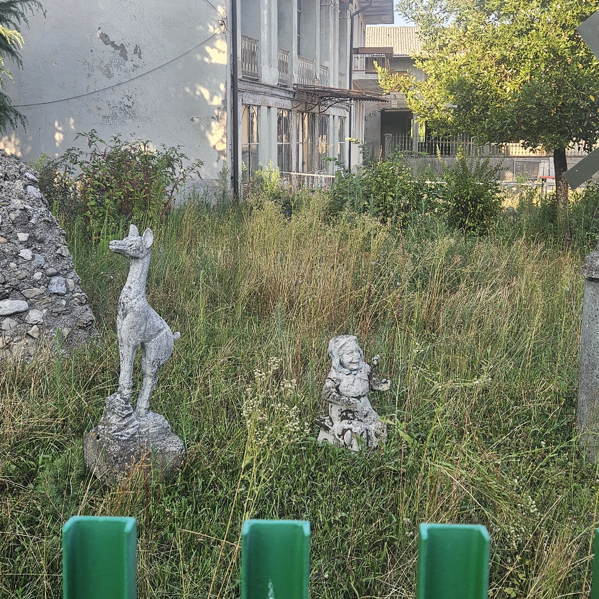 The image depicts an overgrown yard in front of a dilapidated building, likely an abandoned residence, located in Calcinate, Italy. In the foreground, a green metal fence separates the viewer from the scene. The yard is filled with tall, dry grass and weeds, with a pile of rocks to the left. Two concrete garden statues are visible: a deer-like creature on the left and a small, hunched figure, possibly a gnome or child, on the right. The building in the background is a multi-story structure with peeling paint, broken windows, and overgrown balconies. The overall impression is one of neglect and abandonment.