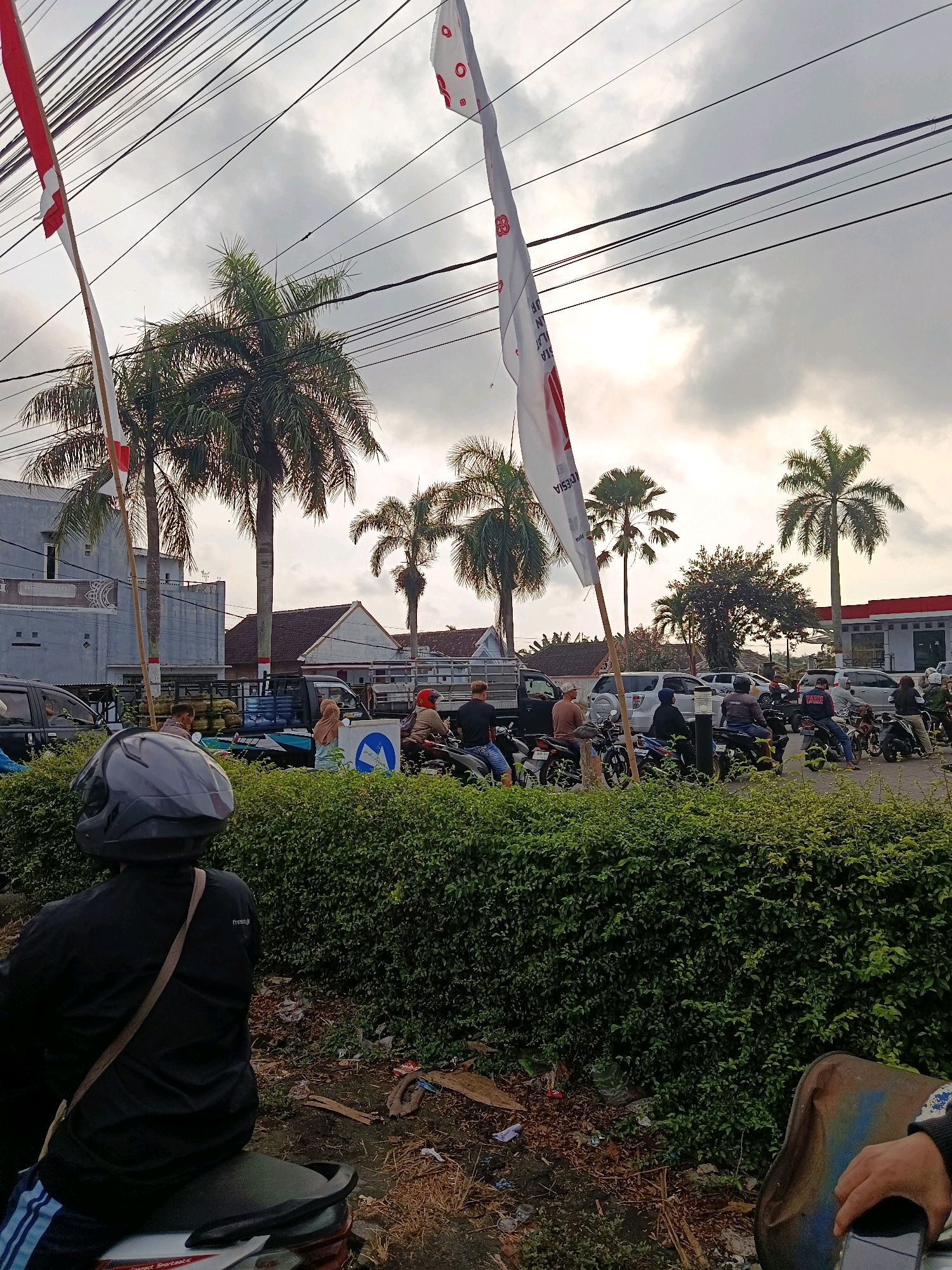 The image depicts a street scene in Tempeh Lor, Indonesia, on an overcast day. In the foreground, the back of a person wearing a dark jacket and a gray helmet is visible, seated on a motorcycle. The person has a light brown strap draped across their shoulder. The immediate environment in front of them is a dense green hedge. Beyond the hedge, a street is lined with parked and moving vehicles, primarily motorcycles and cars. Several palm trees are scattered throughout the scene. Two flags are prominently displayed: one is red and white, hanging from a pole on the left, and another is white with red lettering, visible on the right. In the background, buildings with simple architecture, including one with a red roof and another with a white facade, are present. The sky is filled with gray clouds, suggesting a potentially cloudy or rainy day. The street appears to be a relatively busy thoroughfare with vehicular traffic.