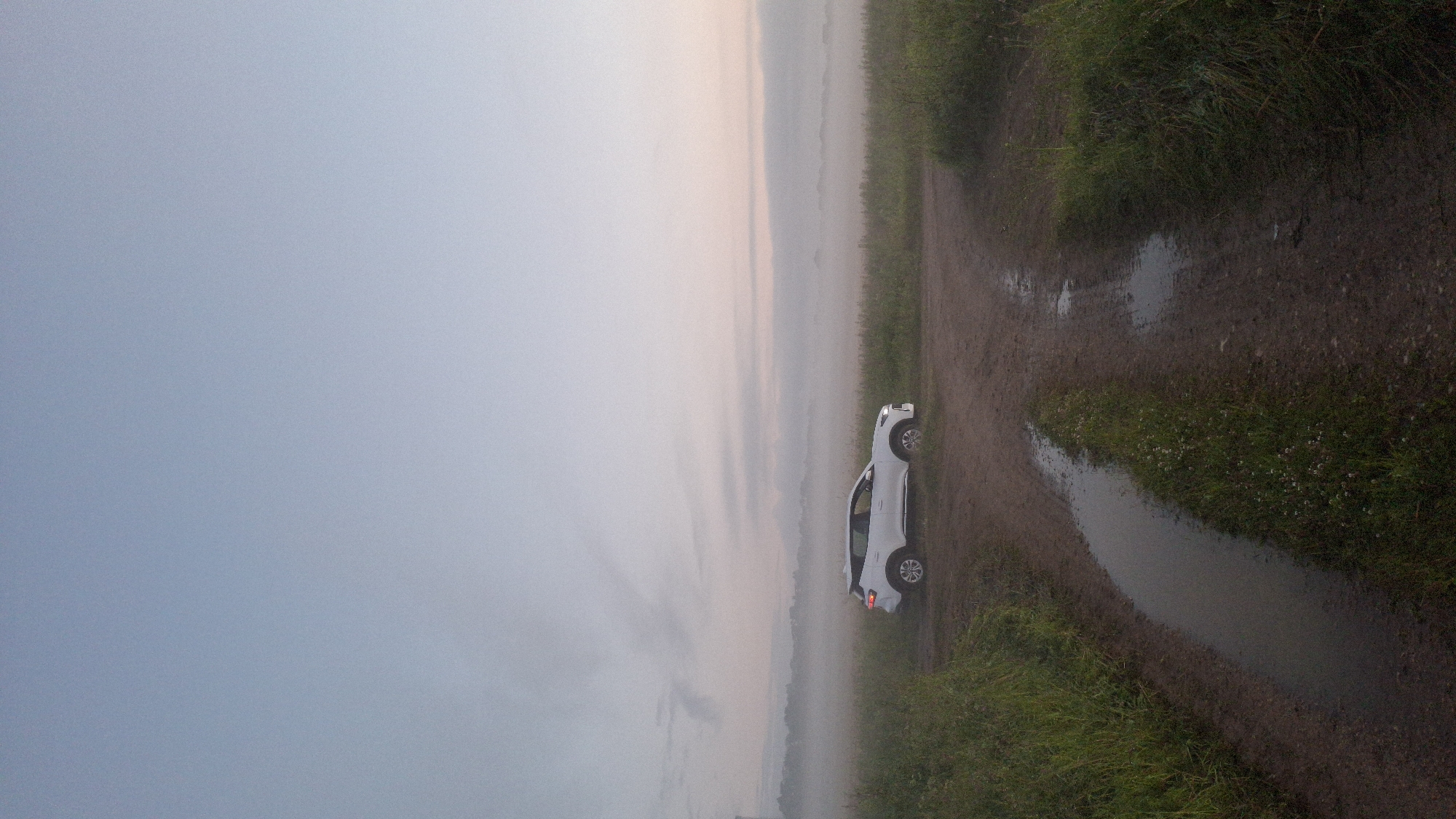 A white SUV is parked on a dirt road in a field near Kaporskoe, Russia. The sky is a soft gradient of blue and pink, suggesting either sunrise or sunset. A light fog hangs over the distant tree line, softening the horizon. The road itself is muddy with puddles, indicating recent rain. Tall green grass borders the road on both sides. The overall atmosphere is tranquil and slightly ethereal. There are no people visible in the image.