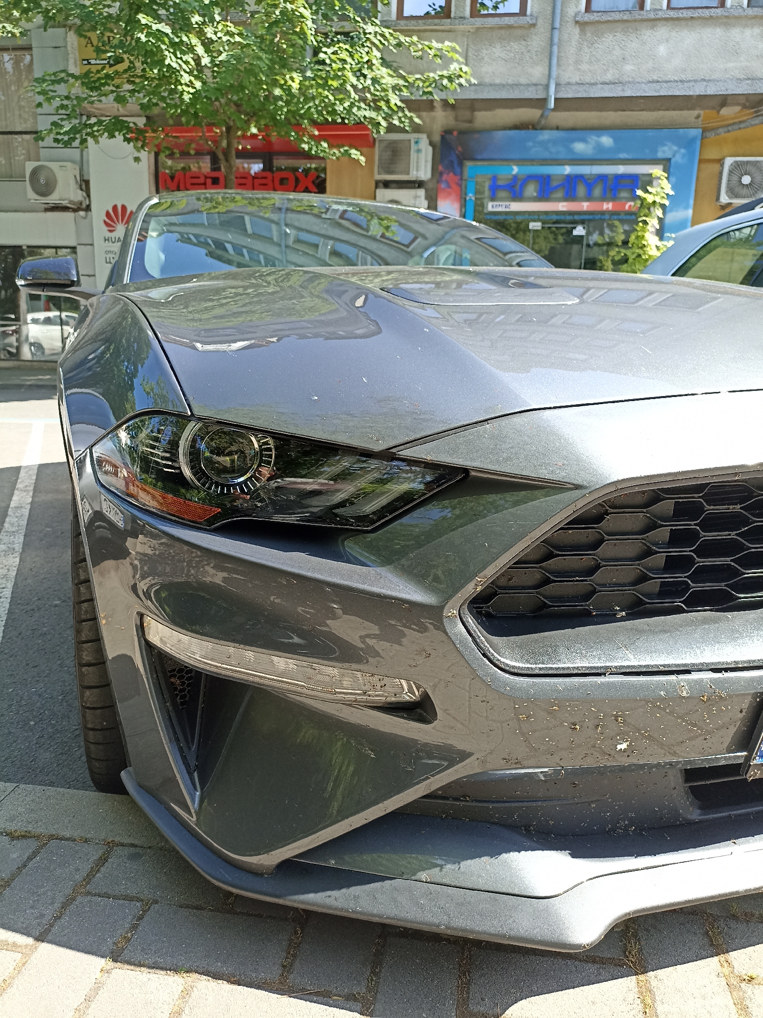 The image presents a detailed, low-angle, frontal perspective of a dark gray Ford Mustang, likely a 6th generation (S550) facelift model from 2018 or newer, parked outdoors in an urban setting. The front-left portion of the vehicle dominates the frame, showcasing its multi-element LED headlight with a prominent circular daytime running light. To the right, a section of the car's hexagonal mesh grille is visible. The lower front bumper features a black aerodynamic splitter. The front fascia, including the bumper and grille, is distinctly covered with a scattering of light-colored debris, consistent with pollen or small insects. A portion of the front-left tire rests on block paving.
In the background on the left, a light-colored building facade is partially obscured by a green-leafed tree. An outdoor air conditioning unit is mounted on this building. Below the tree, a storefront displays a red sign with reflective letters that read "Med SBOX" (appearing as "XOBS deM" due to reflection). Beneath this sign, a HUAWEI logo is visible, accompanied by partial Cyrillic text, including "HUA" and "ОГО Ц".
On the right side of the background, another building houses a storefront with a blue sign featuring the prominent Cyrillic word "КЛИМА" (Klima, signifying 'Climate' or 'Air Conditioning'). Smaller Cyrillic text "СИСТЕМИ" (Systems) is visible below. A green climbing plant adheres to the building near this storefront. An additional outdoor air conditioning unit is mounted on this building's wall.
The scene is brightly lit by direct sunlight, casting well-defined shadows on the ground, which consists of interlocking concrete pavers. Reflections of the sky, trees, and surrounding buildings are apparent on the car's hood and windshield. No people are visible. The presence of Cyrillic script on multiple business signs suggests a location in a country where this alphabet is commonly used.