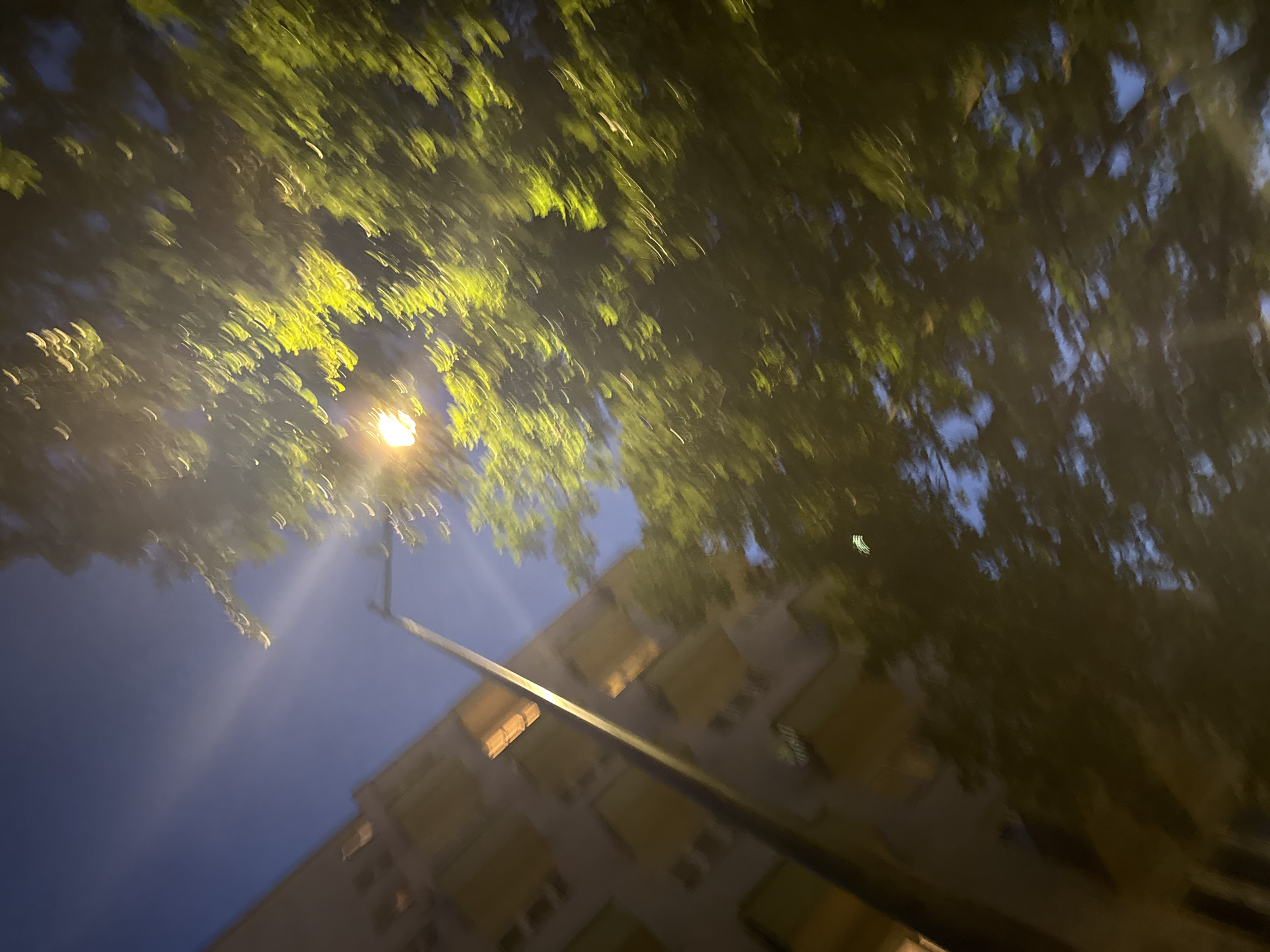 The image shows a blurry view of a building and trees at night. A street light illuminates the scene, casting a bright glow on the leaves of the trees. The building appears to be an apartment complex with several windows visible. The sky is dark blue, suggesting it is nighttime. The overall impression is one of an urban environment at night, with streetlights and trees creating a somewhat dappled and dynamic scene due to the blur.