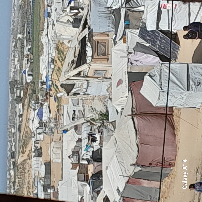 The image displays a dense, informal settlement situated in Khan Yunis, Palestinian Territory, under a clear, light blue sky. The scene is dominated by numerous makeshift shelters, primarily constructed from white and light-colored tarpaulins and fabric, arranged closely together on arid, sandy ground. Many structures exhibit wear, repair with various materials, and open-air elements. In the mid-ground, a white tent is visible with Arabic text "المساعدات الإغاثية" (Relief Aid) and a red crescent-like emblem. Below this, a smaller, squarish white tent also displays Arabic script on its side. In the lower right quadrant, several dark-colored panels, consistent with solar panels, lean against stacked items. Two adult males are visible standing next to these panels. A single individual is partially visible in the bottom left corner of the frame. The background shows the settlement extending towards the horizon, with a strip of green agricultural land visible beneath the sky. Dirt paths traverse the settlement.