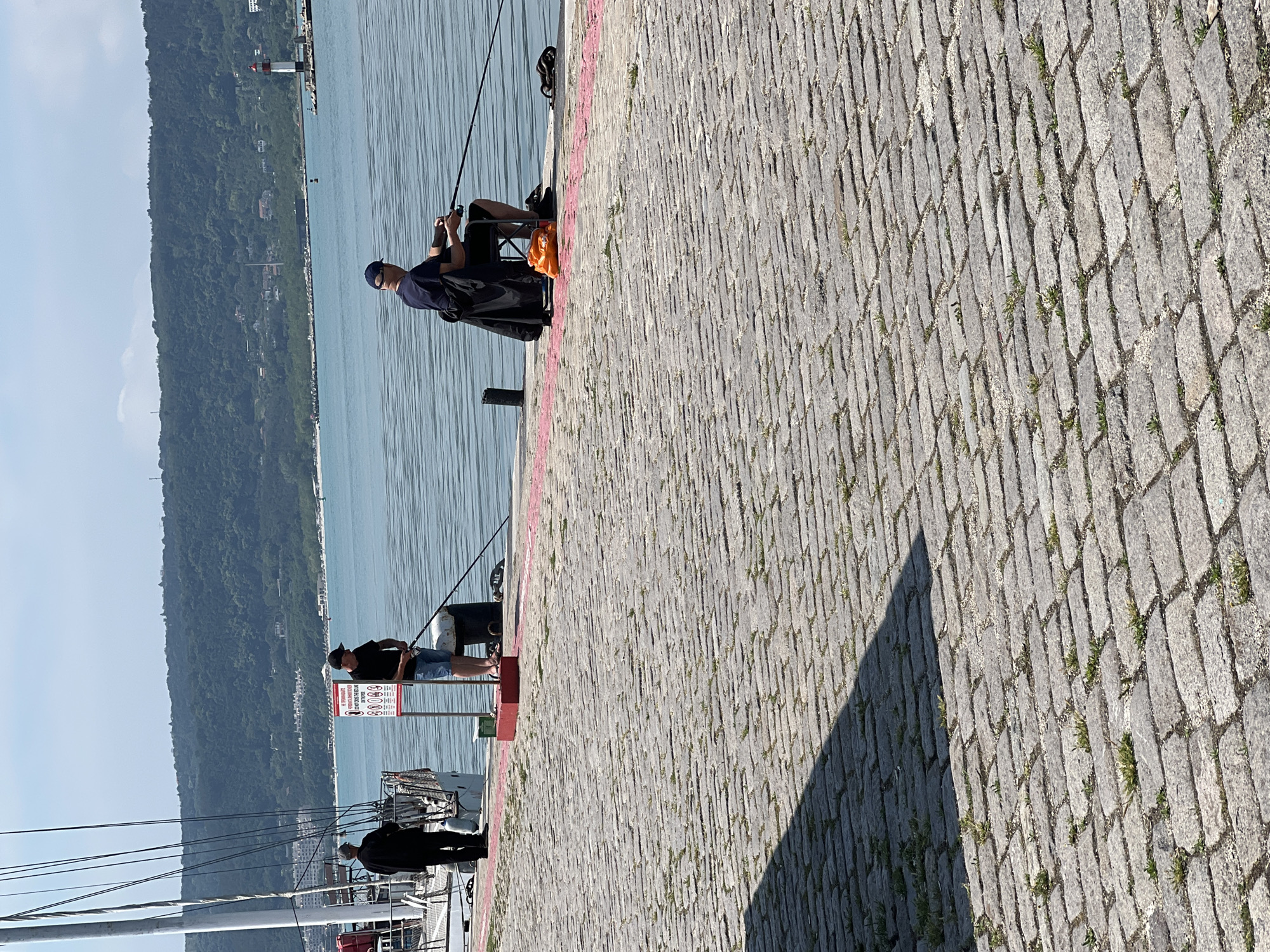 The image captures a sunny daytime scene along a paved waterfront promenade, likely in Varna, Bulgaria, given the context. The foreground and right side of the image show a pier or walkway constructed from light-colored cobblestones, with small weeds growing in the gaps. A red line is painted along the edge of the pier, bordering the water.
To the left of the pier, a calm body of water, possibly a bay or the Black Sea, extends to a distant, heavily forested hill or mountain that stretches across the horizon. Along the base of this distant landmass, scattered buildings and a lighthouse are visible.
Several people are present on the pier. In the middle ground, a man wearing a dark t-shirt, cap, and sunglasses is seated on a folding chair, actively fishing with a rod cast into the water. An orange bag is placed beside him. Further down the pier, another man in a dark t-shirt, shorts, and a cap stands by the water, also appearing to fish. Next to him is a white sign with text in Cyrillic script. The visible text reads "ЗАБРАНЕНО Е КЪПАНЕТО" (Swimming is forbidden) and "КЪПАНЕТО Е ОПАСНО ЗА ЖИВОТА" (Swimming is dangerous for life), accompanied by pictograms indicating prohibitions against swimming, diving, littering, and dogs.
Near the bottom left, partially obscured by boat rigging and a mast, two more individuals can be seen, one in a dark jacket, possibly on a docked vessel or a lower section of the pier. The clear blue sky, bright sunlight, and the leisurely activity of fishing create a peaceful and relaxed atmosphere.