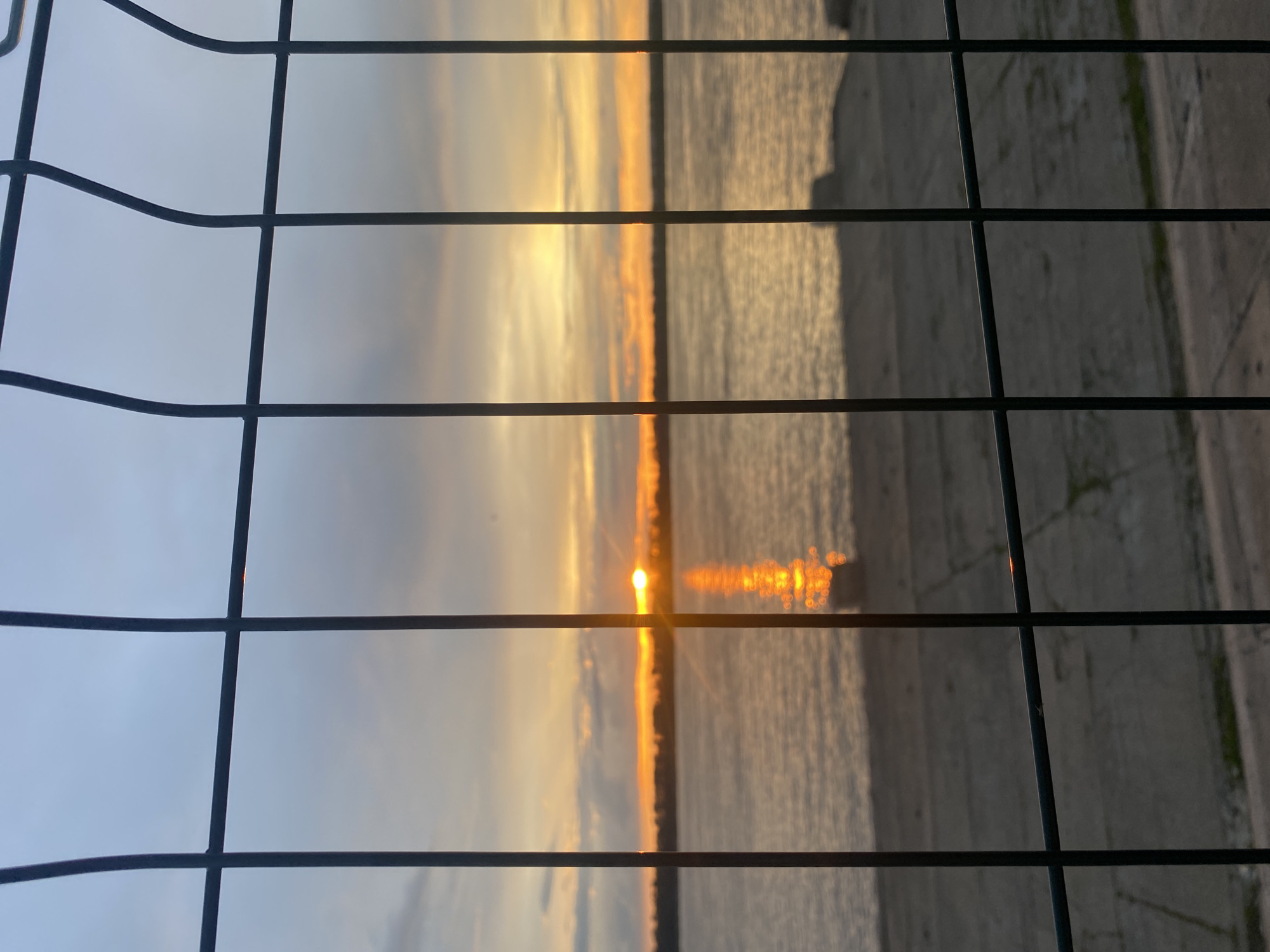 A fence is in the foreground, obscuring a view of a sunset over a body of water. The sky is filled with a gradient of colors from pale blue to orange, with some clouds present. The sun is low on the horizon, casting a golden reflection on the water. In the distance, a dark treeline is visible across the water. The foreground shows a concrete embankment. The scene appears to be a waterfront area in Novokuybyshevsk, Russia.