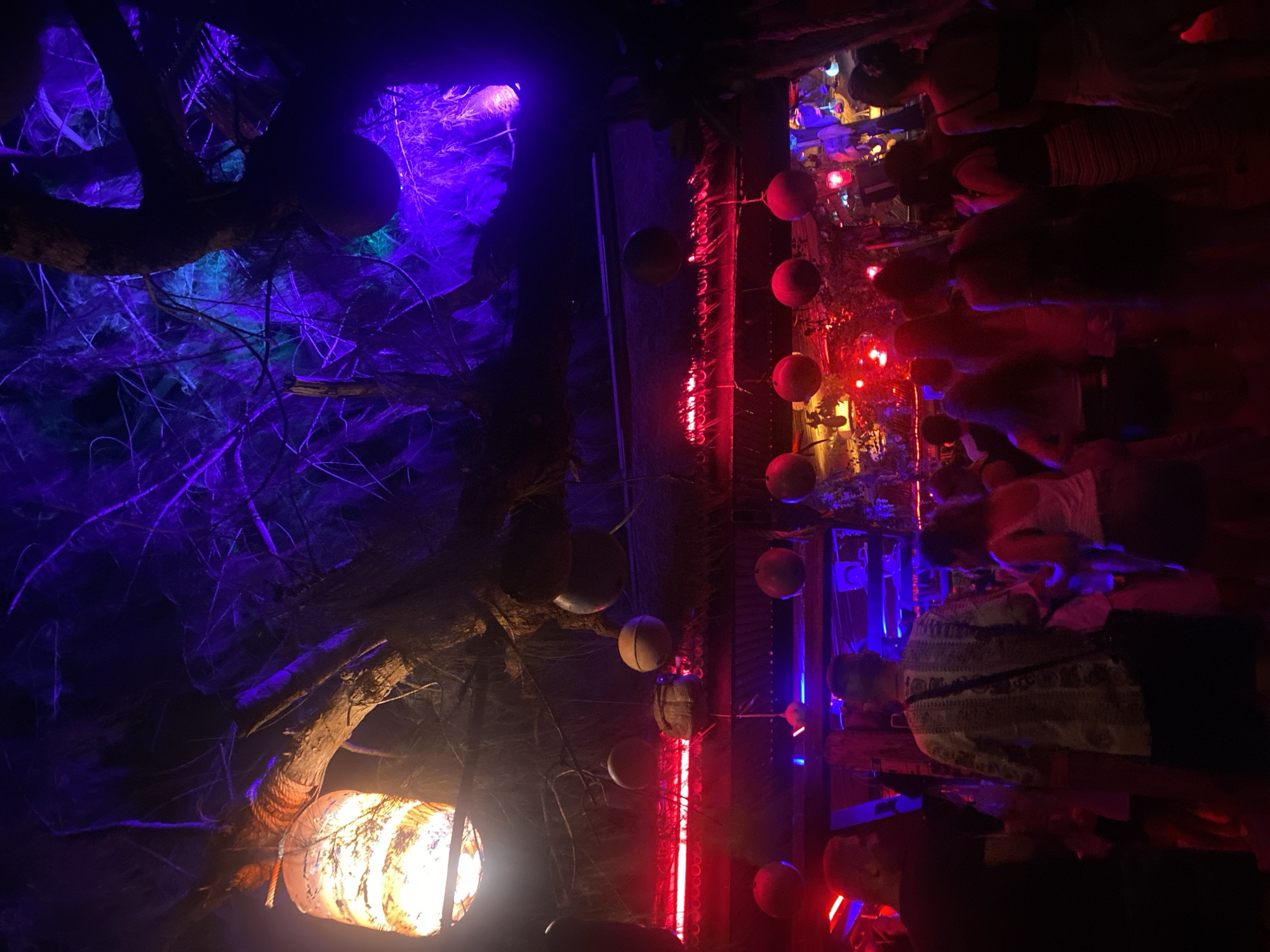The image depicts a dimly lit interior scene, likely a bar or restaurant in Baan Sri Thanu, Thailand. The decor is a mix of natural and artificial elements. A tree branch adorned with spherical lights is illuminated with blue and purple lighting, creating a mystical ambiance. Ropes are used to wrap the branch, with a lamp hanging. A vertical line of red lights intersects with spherical lights, and an artificial tree structure is visible. Patrons are seated at the bar, their shapes and clothing partially discernible through the lighting, and a bartender behind the counter.