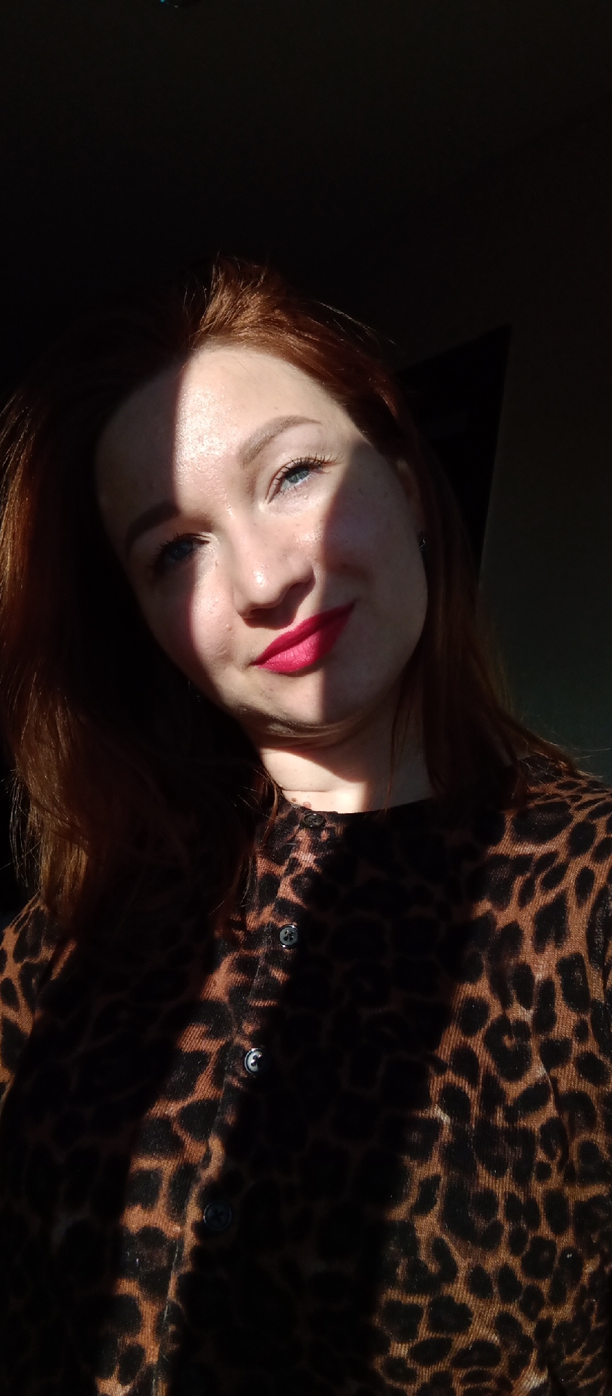A person with red hair and fair skin poses for a selfie or is photographed by another individual. The location is an indoor space in Unknown, Unknown. The individual wears a brown and black leopard print cardigan. The person has blue eyes and red lipstick. Part of their face is illuminated by strong sunlight, while the other part is in shadow. A small portion of a dark wall is visible in the upper right corner.