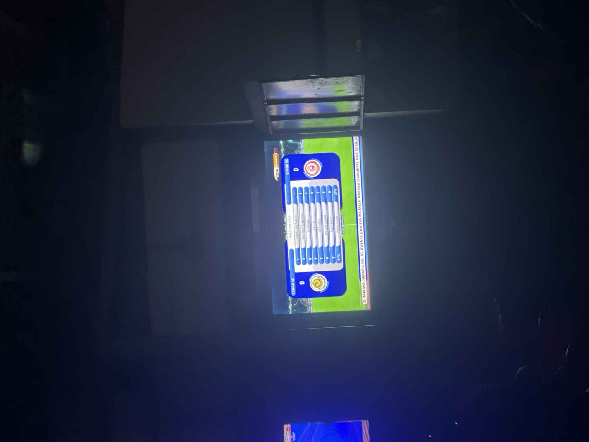 The image captures a dimly lit indoor scene, likely in Dar es-Salaam, Tanzania, at night, dominated by a television screen displaying football match statistics. The screen shows "HALF-TIME STATS" for a game between "YANGA SC" and "SIMBA SC," both with a score of 0.
Detailed statistics presented are:
* Shots on Target: Yanga SC 1, Simba SC 2
* Shots Off Target: Yanga SC 2, Simba SC 4
* Corners: Yanga SC 1, Simba SC 7
* Fouls: Yanga SC 7, Simba SC 6
* Offsides: Yanga SC 0, Simba SC 2
* Yellow Cards: Yanga SC 0, Simba SC 0
* Red Cards: Yanga SC 0, Simba SC 0
* Possession: Yanga SC 51%, Simba SC 49%
The top left of the screen features a "360 SPORTS" logo, and a website address "www.agamtv.co.tz" is visible at the bottom. A scrolling banner message states: "O ITAKUWA JUMAPILI MEI 03, KWENYE UWANJA WA MEJA JENERALI ISAMUHYO. D. DAP HYO. ES SALA", indicating an event scheduled for May 3rd at a venue potentially named "Meja Jenerali Isamuhyo" in Dar es Salaam. A fluorescent light fixture is mounted on the wall above the television. The surroundings are dark, showing glimpses of walls or furniture, and no specific individuals are clearly visible.