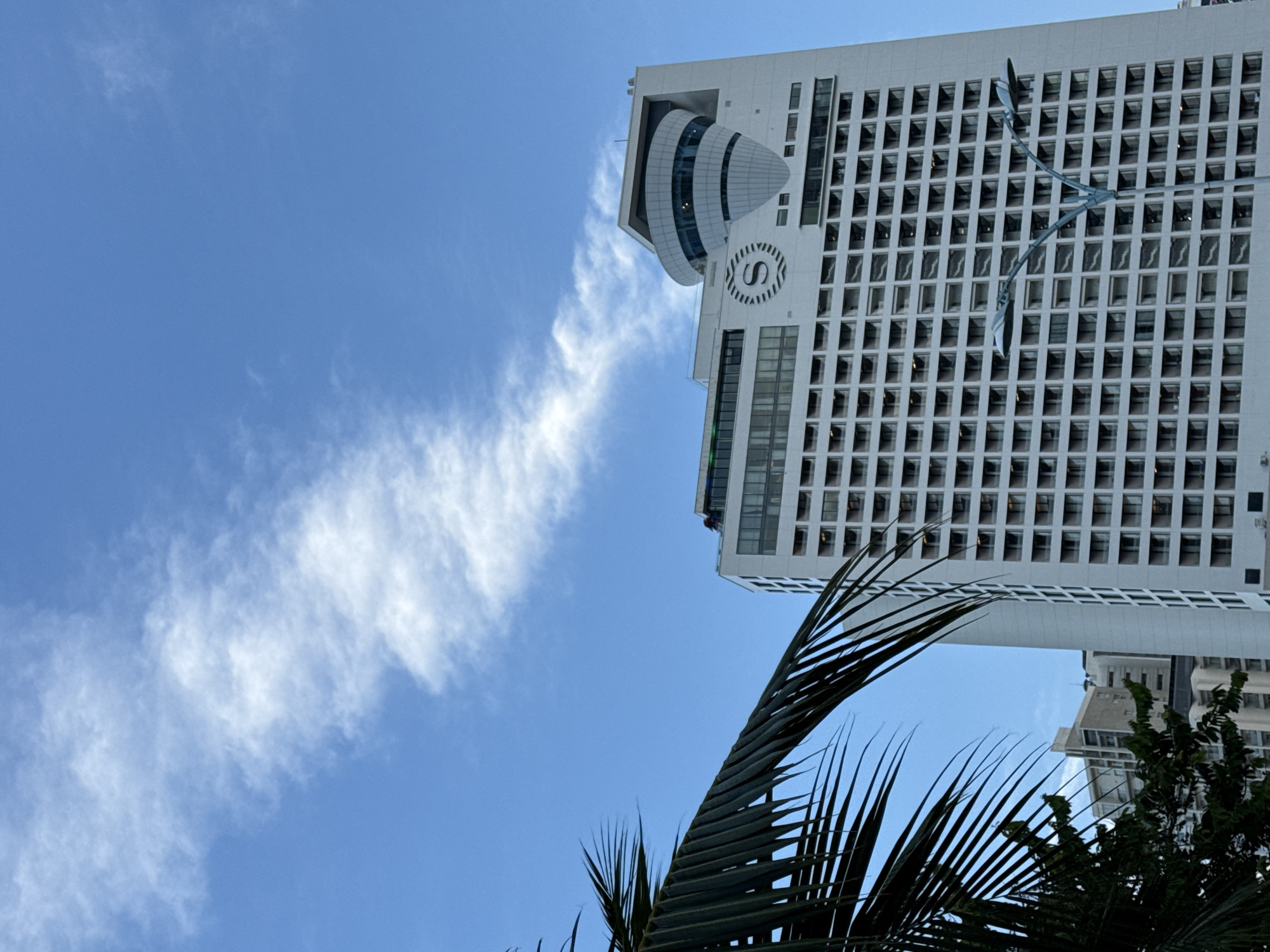 The image shows the Sheraton Nha Trang Hotel & Spa, a tall white building with many windows, located in Nha Trang Ward, Vietnam. A distinctive circular logo with an 'S' is visible on the facade. A unique, curved glass structure tops the building. In the foreground, a large, dark green palm frond extends into the frame from the left. The sky above is a bright blue, with a wispy white cloud formation stretching diagonally across it. A streetlamp with two lights is positioned in front of the hotel building. Other buildings are visible in the background, partially obscured by trees. The image appears to be taken from a low angle, looking upwards.