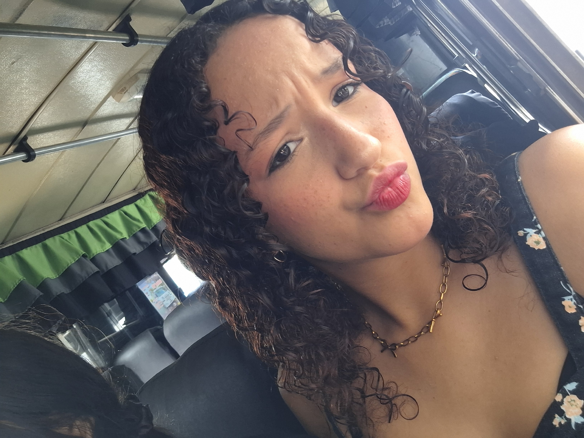 The image is a selfie taken by a young woman with curly dark hair, possibly inside a vehicle. She is looking towards the camera with a pouty expression, her lips pursed and painted with bright red lipstick. Her eyebrows are furrowed, creating a playful or slightly exasperated look. She is wearing a dark floral print top and a gold necklace.
The background suggests an indoor setting, likely the interior of a bus or van, with metal poles and a green and black striped curtain visible. There is a smartphone displaying a colorful image reflected in what appears to be a mirror or window. The lighting suggests it is daytime, and the overall mood is casual and possibly fun.
The location context provided is Juan Griego, Venezuela. While there are no explicit text elements in the image itself, the visual cues and the given location provide a rich context for understanding the scene. The woman's confident and playful pose, combined with the everyday setting of a vehicle, suggests a moment captured during travel or a casual outing.