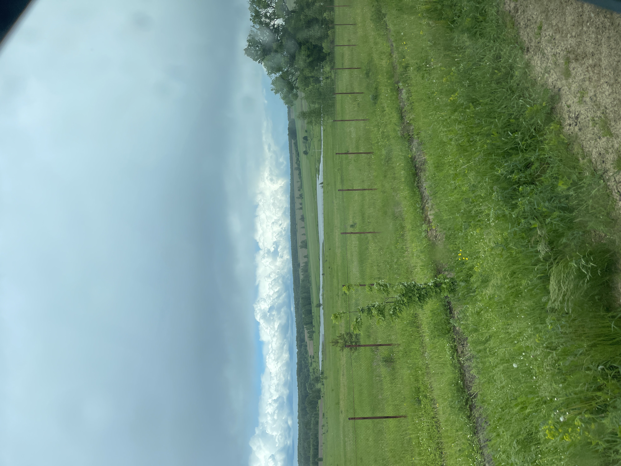 The image shows a view of a field in Петрово, Russia on a cloudy day. A body of water, likely a river or large stream, is visible in the middle distance, running roughly parallel to a line of trees and a fence with brown posts. The field is largely covered in green vegetation. There are clouds overhead and some obstruction in the upper left corner of the image, possibly from a window.