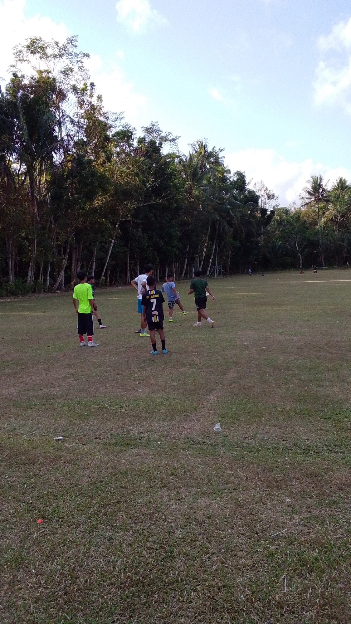 In Cintaratu, Indonesia, a group of young men are on a grassy field, likely practicing soccer, as indicated by the presence of a soccer goal in the background. The field is surrounded by a dense line of trees, with some taller palm trees interspersed among them. The sky above is a pale blue with scattered white clouds. Five individuals are visible in the foreground and midground, dressed in athletic attire. One person in a bright green shirt and black shorts stands to the left, facing away from the camera. To the right of him, three individuals are grouped together: one in a white shirt and blue shorts, one in a black and yellow soccer jersey with the number 7, and one in a blue t-shirt and black shorts. Another person in a green t-shirt and black shorts is further to the right, in motion. The grass on the field appears somewhat dry in places, with some scattered debris visible. The overall scene suggests a casual outdoor sports activity in a tropical environment.