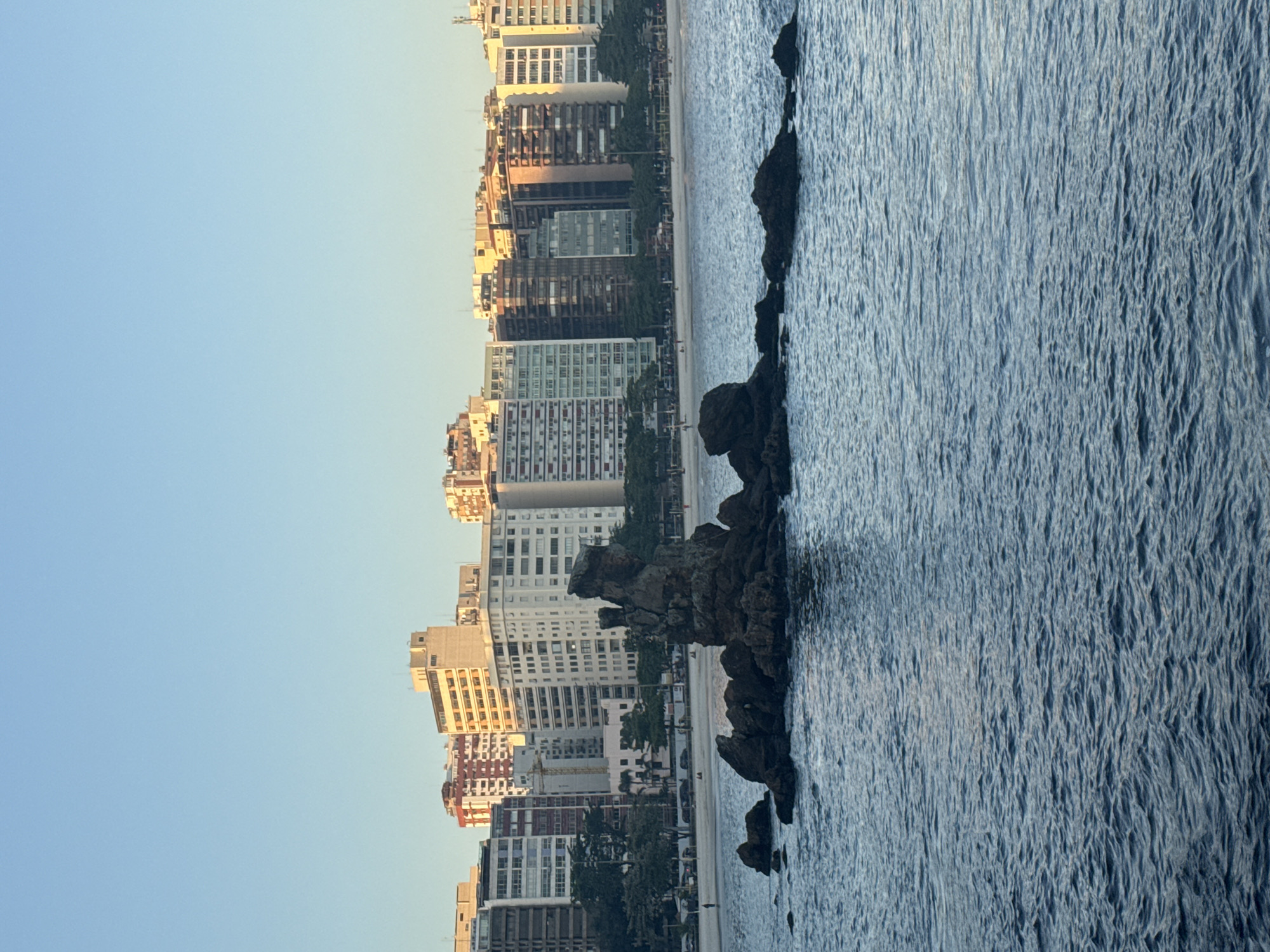 The image captures a coastal scene in the city of Niterói, Brazil, likely from the Icaraí beach area. In the foreground, dark, jagged rocks emerge from the deep blue, slightly rippled water. Beyond the rocks, a sandy beach stretches horizontally, lined with palm trees and a sidewalk. A few scattered figures can be seen walking along the beach and sidewalk. Dominating the background is a dense urban skyline composed of numerous multi-story buildings, varying in height and architectural style. The buildings are predominantly light-colored, with some featuring balconies and windows. The sky above is a clear, pale blue, suggesting it is either early morning or late afternoon. The overall impression is one of a vibrant coastal city with a prominent natural rock formation in its waters.