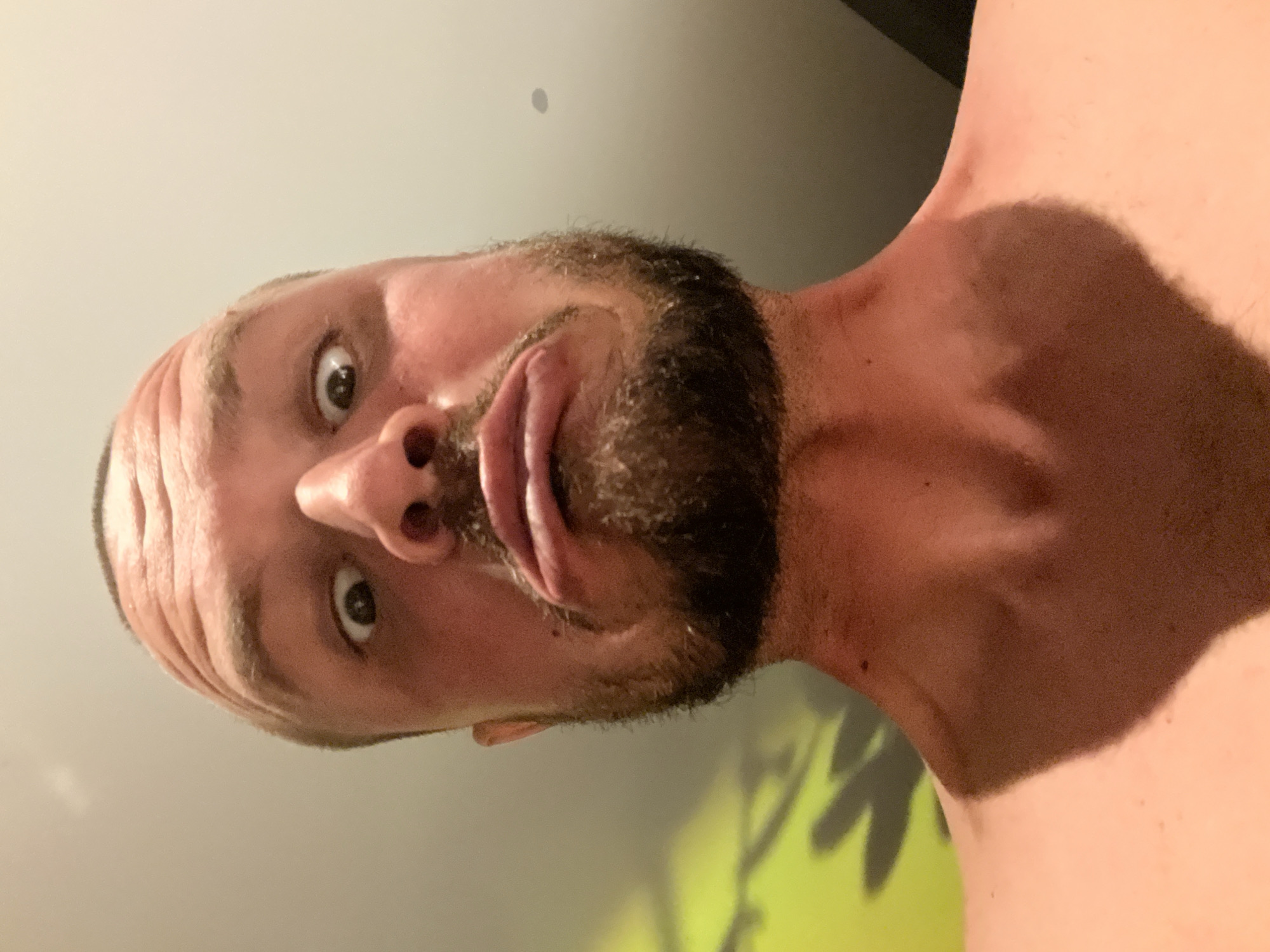 A man's face is captured in a low-angle, close-up selfie, with his head tilted upwards. He has a shaved head, prominent eyebrows, and a short beard. His eyes are wide open, and his mouth is pursed, creating a pouty or surprised expression. His neck and upper chest are visible, with a shadow cast across his chest and shoulder. The background is out of focus, with a bright green area on the left side, possibly a wall or plant, and a lighter gray ceiling above. There is no identifiable city or location information.