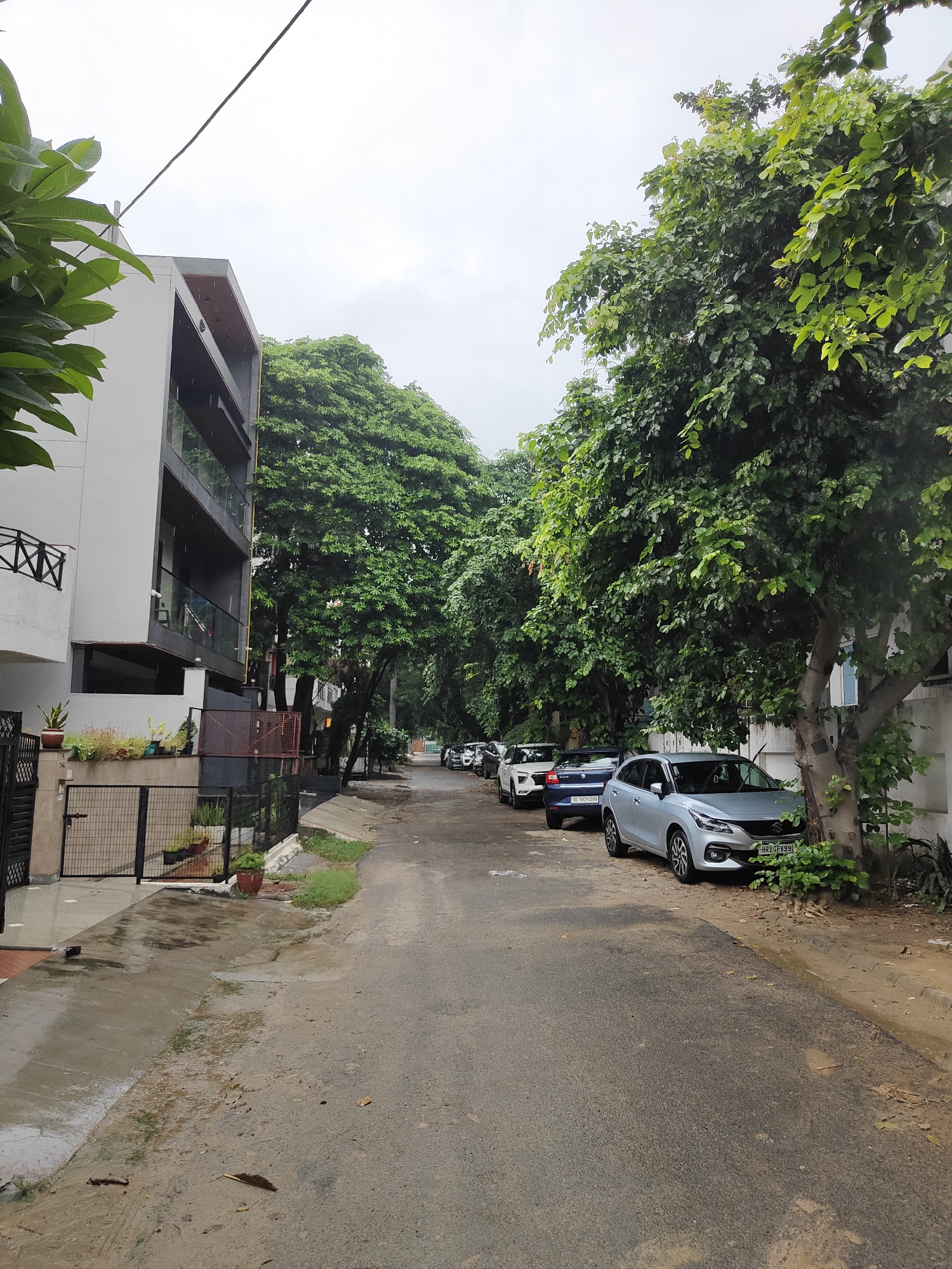 The image depicts a street scene in Gurgaon, India, likely on a cloudy or rainy day, as evidenced by the wet pavement and overcast sky. The street is lined with trees on both sides, with lush green foliage.
On the left side of the street, there is a modern building with a white facade, dark-tinted balconies, and metal railings. A black gate with a complex design leads to an entrance area with potted plants. The pavement in front of the building is wet, with some standing water.
The street itself is paved with asphalt and appears to be a residential road. Several cars are parked along the right side of the street, including a silver hatchback with a license plate starting with "HR2 GF..." and a blue sedan with a license plate starting with "DL10CP...". Further down the street, more cars are visible. The right side of the street has a dirt shoulder with more trees and foliage.
No people are visible in the image. The overall impression is one of a quiet, tree-lined urban street, potentially during or after a rain shower.