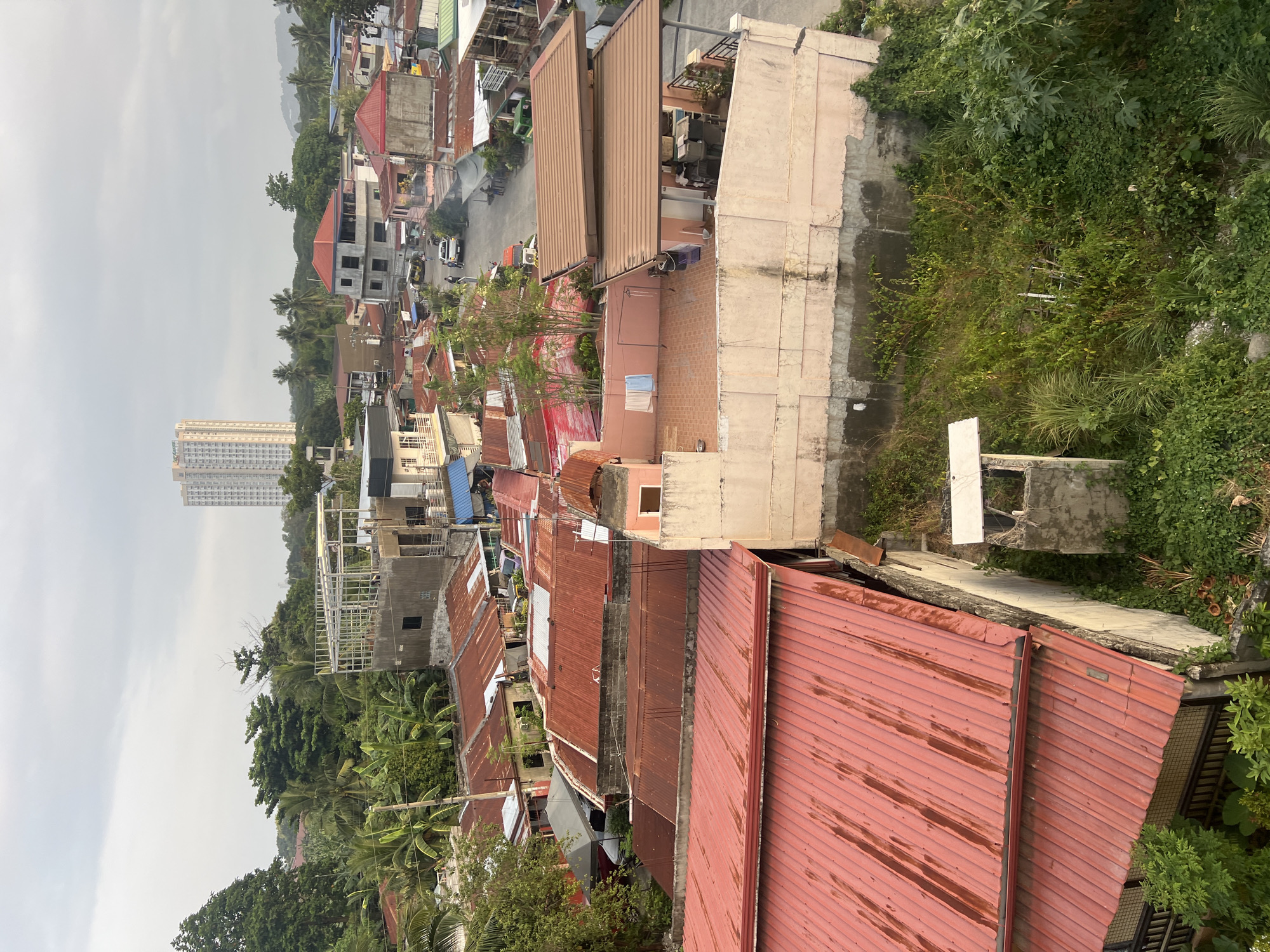 This is a high-angle, exterior, medium shot of a dense urban residential area in Davao City, Philippines, under an overcast sky. The scene is dominated by a multitude of buildings with predominantly red corrugated metal roofs, many of which appear aged and weathered, showing signs of rust and water stains. The architecture is varied, with some multi-story structures and many single-story homes tightly packed together.
In the background, a tall, modern, light-colored residential building stands out, indicating a mix of older and newer developments. The surrounding landscape is lush with tropical vegetation, including palm trees and various leafy plants, which are encroaching on some of the built-up areas.
A narrow street winds through the middle of the scene, with a few vehicles visible, including a white car and a green vehicle. Several people are seen walking on the street, suggesting daily activity within the neighborhood. Some buildings are under construction, evidenced by exposed metal frameworks. The overall impression is one of a vibrant, lived-in community with a tropical climate.