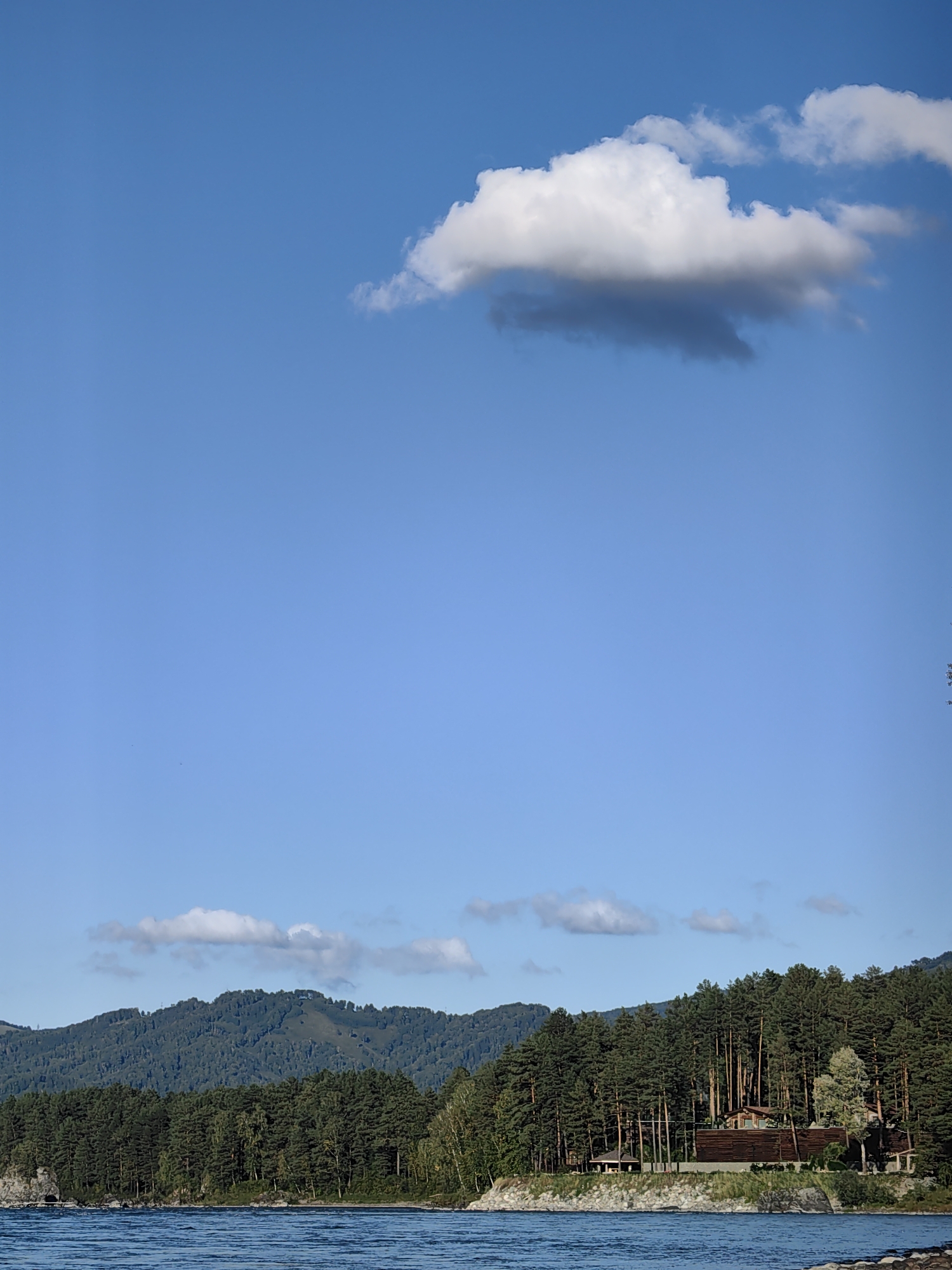 This is a landscape photograph taken on a clear, sunny day. The upper half of the image is dominated by a vast expanse of bright blue sky with a few scattered white clouds. In the lower half, a wide, blue river flows in the foreground. Beyond the river, a dense forest of tall, dark green pine trees covers a sloping hillside. The trees are so thick they form a solid green wall. Partially visible within the trees on the right side of the frame are several buildings with dark brown roofs and wooden siding, suggesting a small settlement or resort. The far background features a range of low, tree-covered mountains. The overall impression is one of natural beauty and tranquility. The location is stated to be in the city of T/B Yunost', Russia.