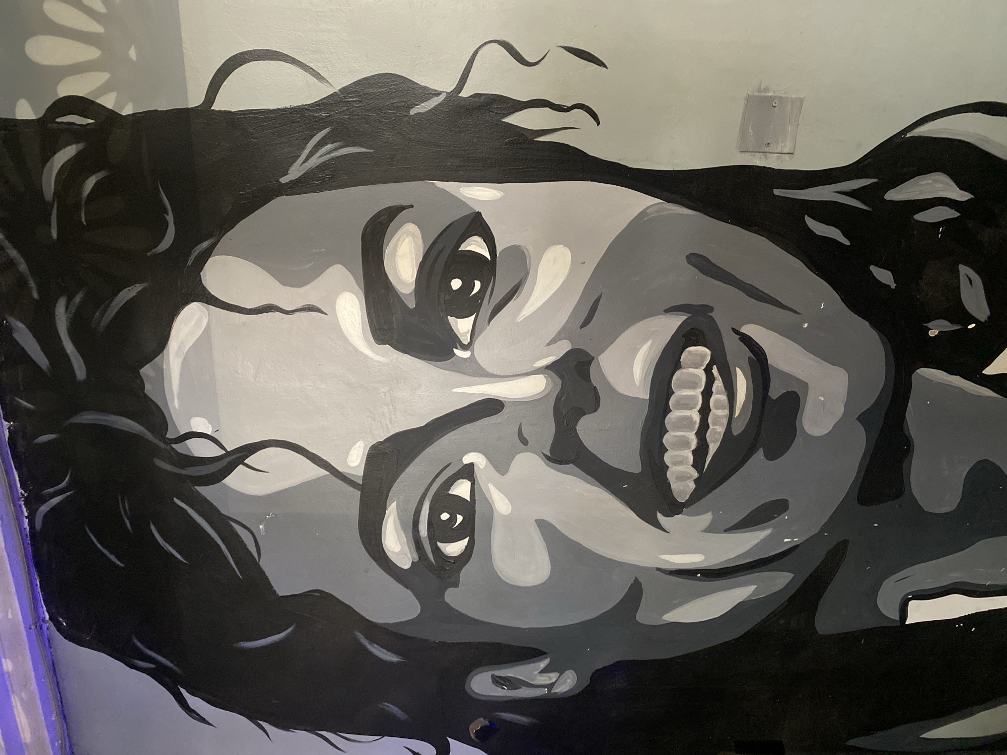 A grayscale wall mural depicts a face, seemingly in laughter or a wide smile, featuring prominent eyes and teeth. The hair appears dark and stylized, bordering the face. The background is a light gray wall, with what seems to be an electrical outlet box in the upper right corner. The mural's location in Howayi, Nigeria, is not discernible from the image alone.