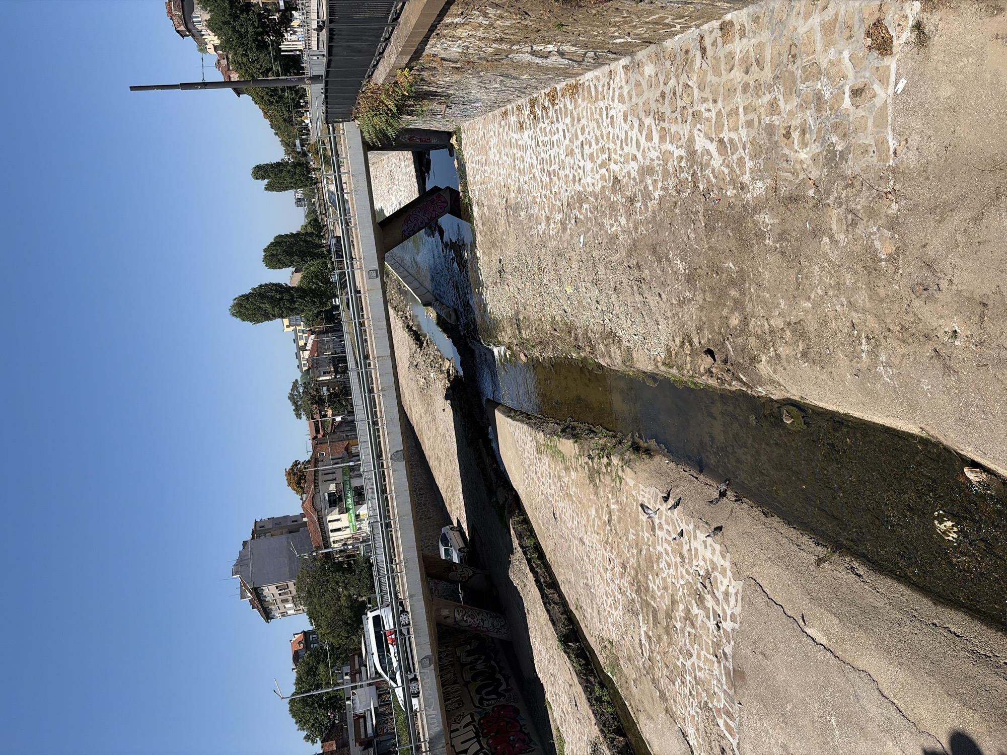 The image shows a dry riverbed with a bridge spanning across it. The riverbed is lined with concrete and cobblestones, and there is a small stream of water flowing through it. Graffiti covers the concrete walls of the riverbed. A silver car is parked under the bridge. Several pigeons are gathered on the cobblestones. In the background, there are buildings and trees. The sky is clear and blue, indicating a sunny day. The scene appears to be in an urban environment, possibly in Sofia, Bulgaria, given the architectural style of the buildings and the presence of graffiti, which is common in the city.