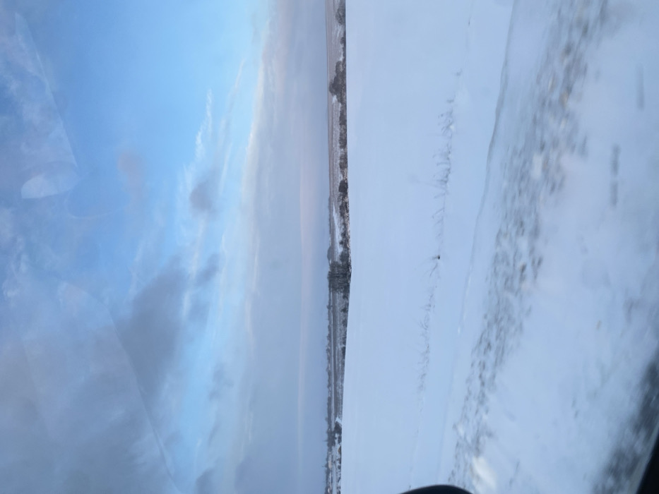 The image depicts a vast, snow-covered landscape in Gostagayevskaya, Russia, viewed from inside a vehicle. The foreground shows a snow-covered field or roadside, with dark, blurred patches along the bottom edge, suggesting a road or disturbed ground, and sparse, dry vegetation emerging from the snow. In the midground, an expansive plain of white snow extends towards the horizon, punctuated by a distant line of bare trees and shrubs. The far background, on the left, reveals a faint cluster of structures, likely part of a distant settlement or village. The sky above is partially cloudy, featuring a gradient from light blue to pale greyish-white, with subtle reflections visible on the window surface in the upper portion of the image. No individuals, animals, or explicit actions are present in the scene. The overall lighting is soft and diffused, characteristic of an overcast winter day.