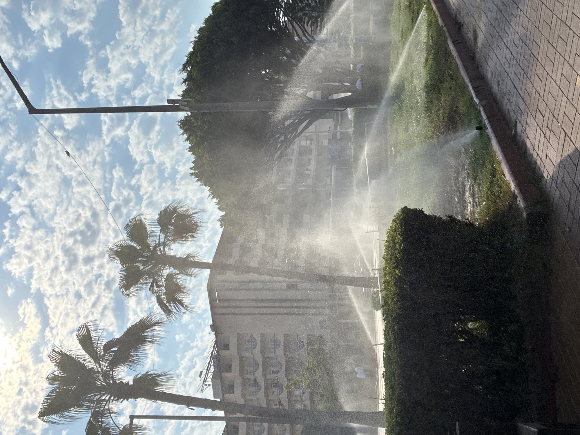 In Alanya, Turkey, a public park area is shown with a wide shot. Palm trees are to the left of the image. There is a building in the background and a street lamp on the right. The scene is being watered by several sprinklers, which are spraying water over the grass and creating mist in the air. A trimmed hedge is in the foreground. Paved walkways are visible in the lower right corner. The sky is blue with scattered clouds.