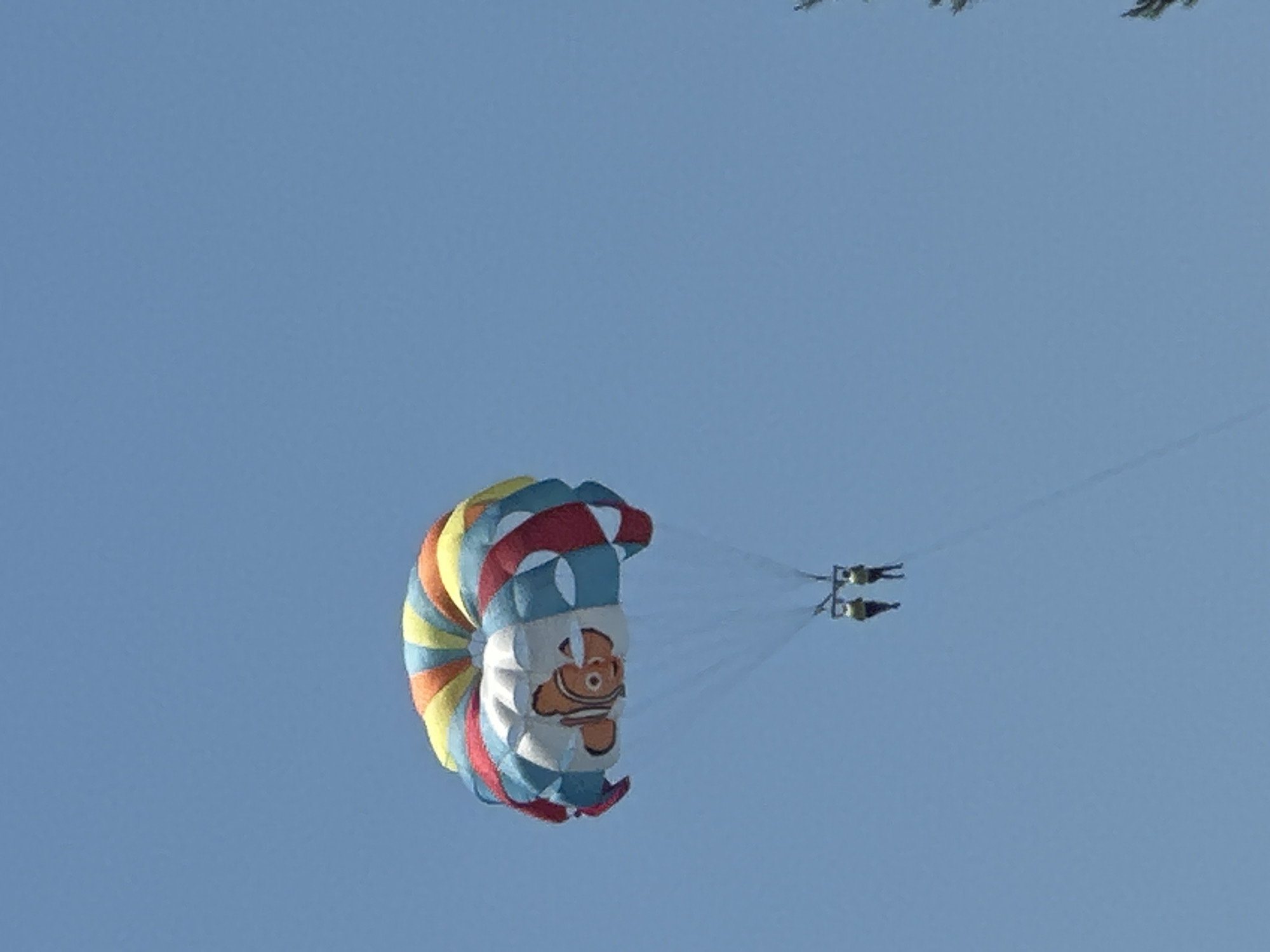 In the clear blue sky above Boreti, Montenegro, two people are parasailing. They are suspended beneath a colorful parachute featuring a character resembling Nemo from "Finding Nemo." The parachute displays a swirling pattern of red, yellow, orange, and blue sections, with white panels depicting the cartoon fish. The two individuals are dressed in dark clothing and are attached to the parachute by harnesses and ropes. They appear to be enjoying a sunny day, with no visible clouds or indication of adverse weather. The overall scene suggests a recreational activity taking place in a coastal or open-air environment, likely during daylight hours. There is no visible text within the image.